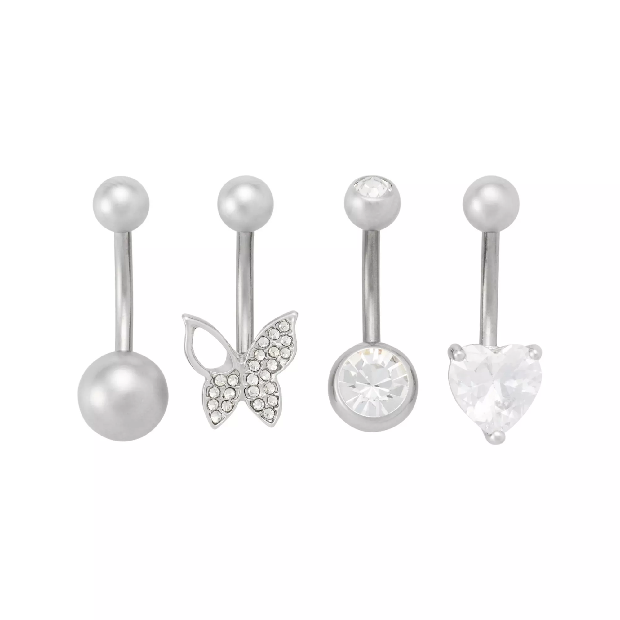 Multi-Pack CZ Butterfly Heart Titanium Belly Rings 4 Pack - 14 Gauge at Spencer's