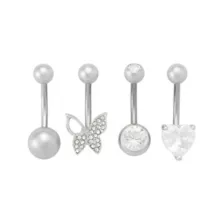 Multi-Pack CZ Butterfly Heart Titanium Belly Rings 4 Pack - 14 Gauge at Spencer's