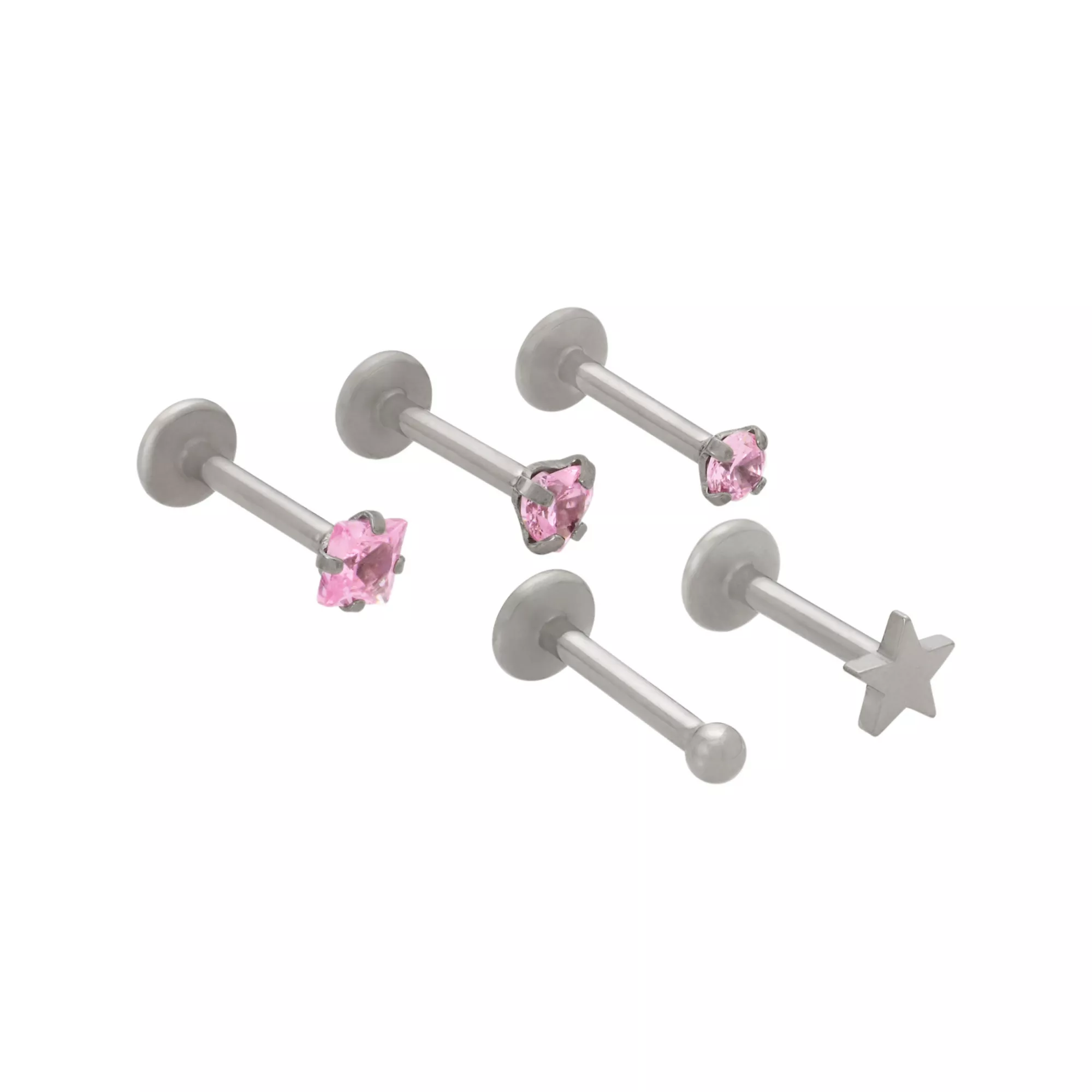 Multi-Pack ASTM F-136 Titanium Pink CZ Labret Lip Rings 5 Pack - 16 Gauge at Spencer's