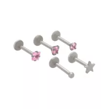 Multi-Pack ASTM F-136 Titanium Pink CZ Labret Lip Rings 5 Pack - 16 Gauge at Spencer's
