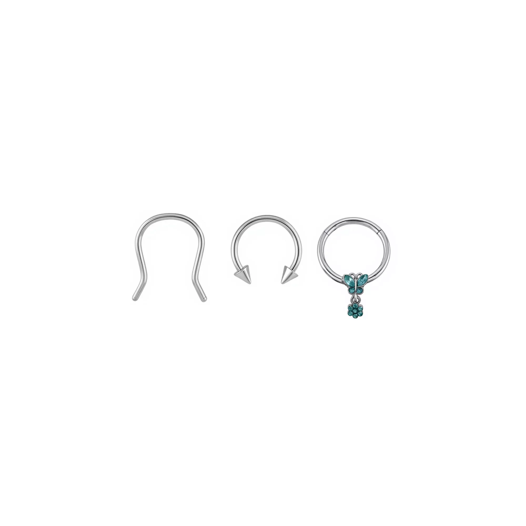 Multi-Pack Aqua CZ Butterfly Flower Titanium Septum Rings and Retainer 3 Pack - 16 Gauge at Spencer's