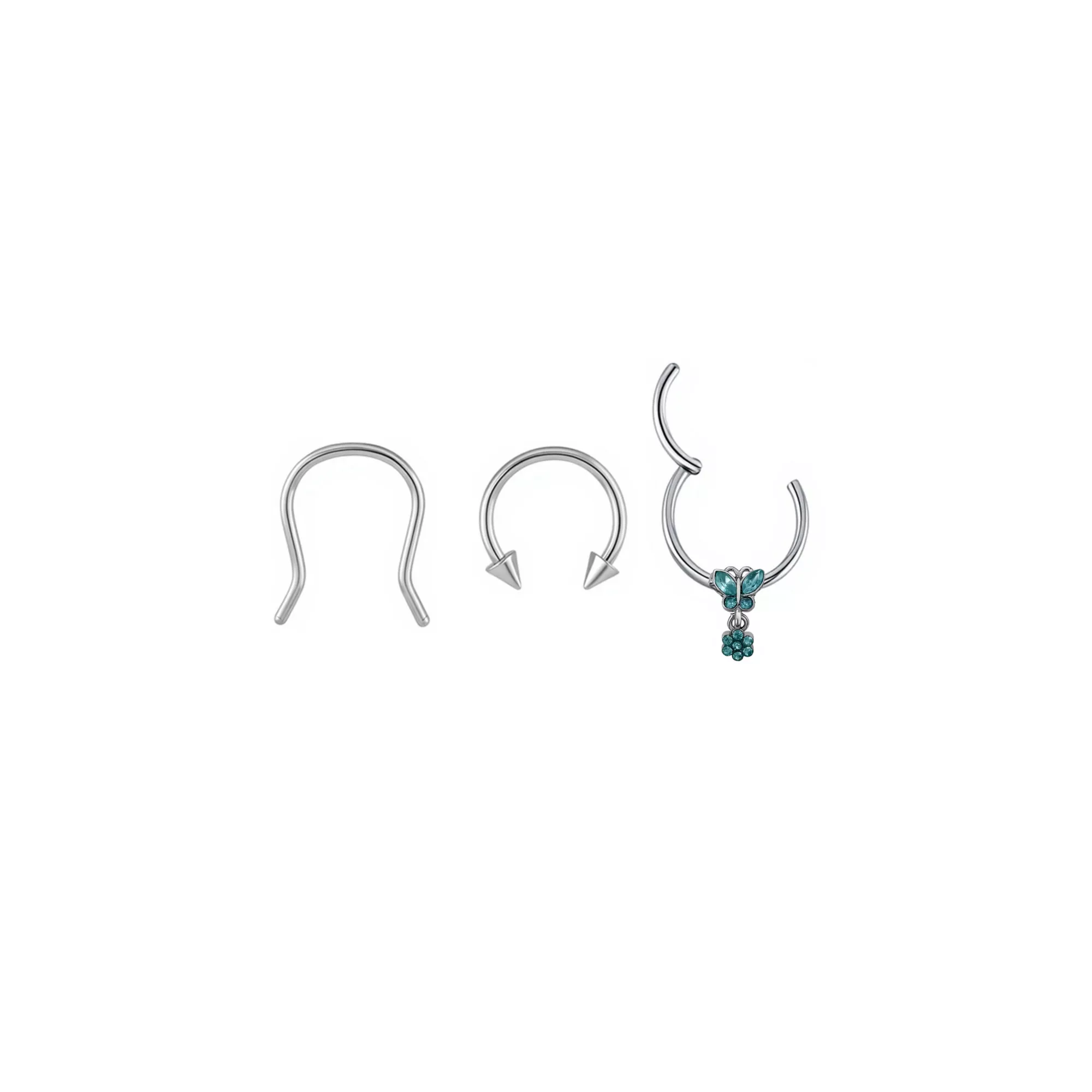 Multi-Pack Aqua CZ Butterfly Flower Titanium Septum Rings and Retainer 3 Pack - 16 Gauge at Spencer's