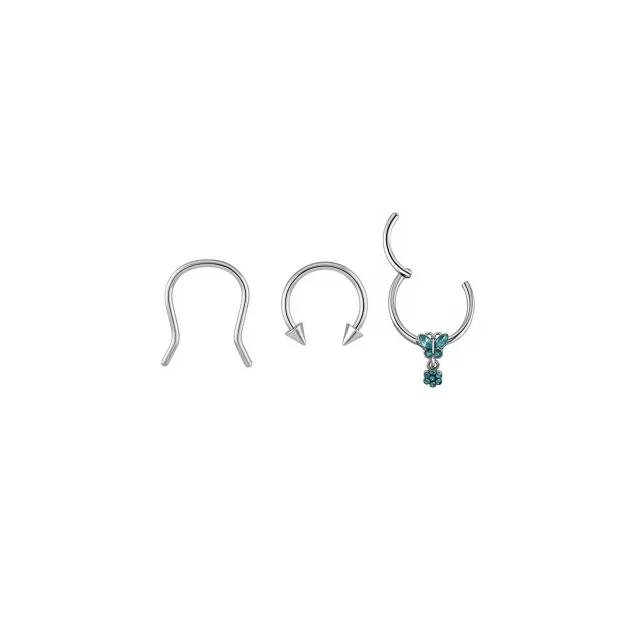 Multi-Pack Aqua CZ Butterfly Flower Titanium Septum Rings and Retainer 3 Pack - 16 Gauge at Spencer's