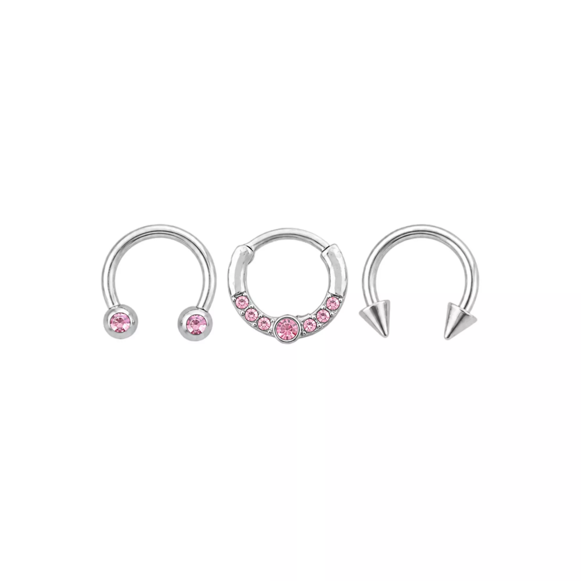 Multi-Pack Pink CZ Silver-Tone Horseshoe and Clicker Rings 3 Pack - 16 Gauge