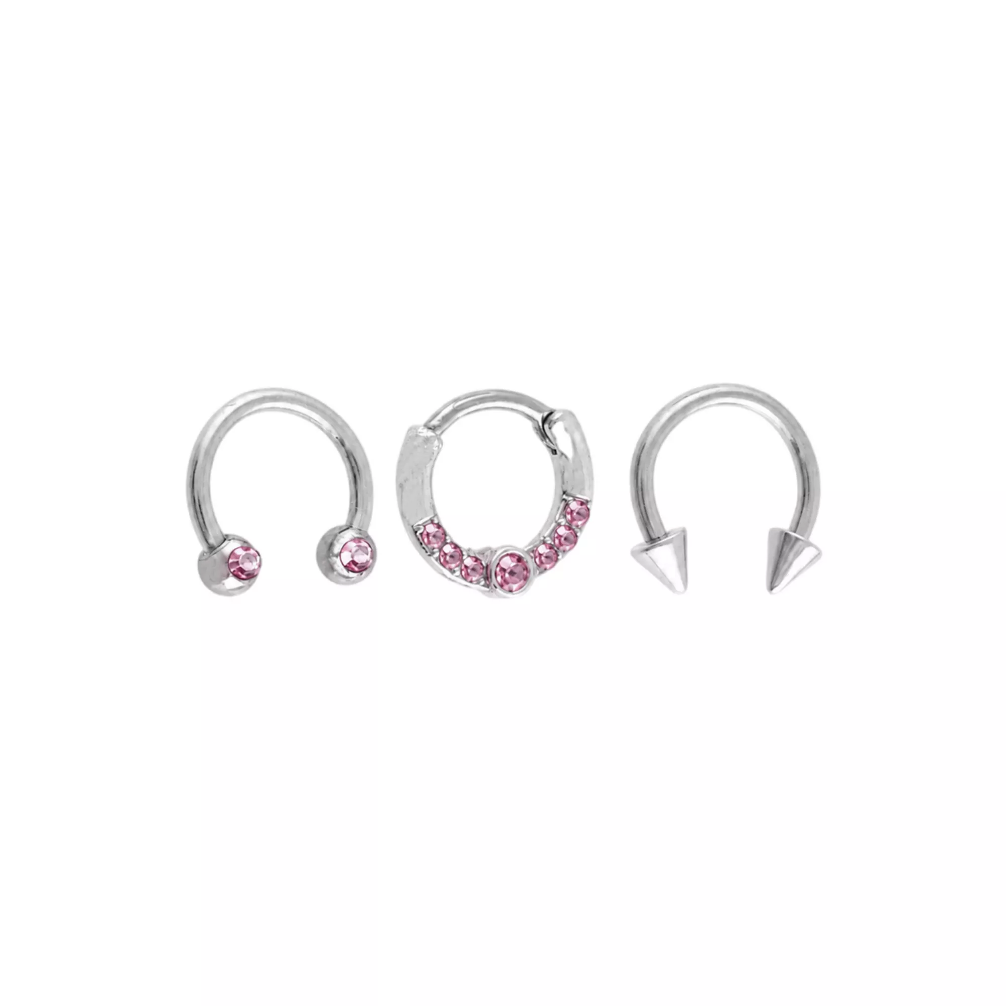 Multi-Pack Pink CZ Silver-Tone Horseshoe and Clicker Rings 3 Pack - 16 Gauge