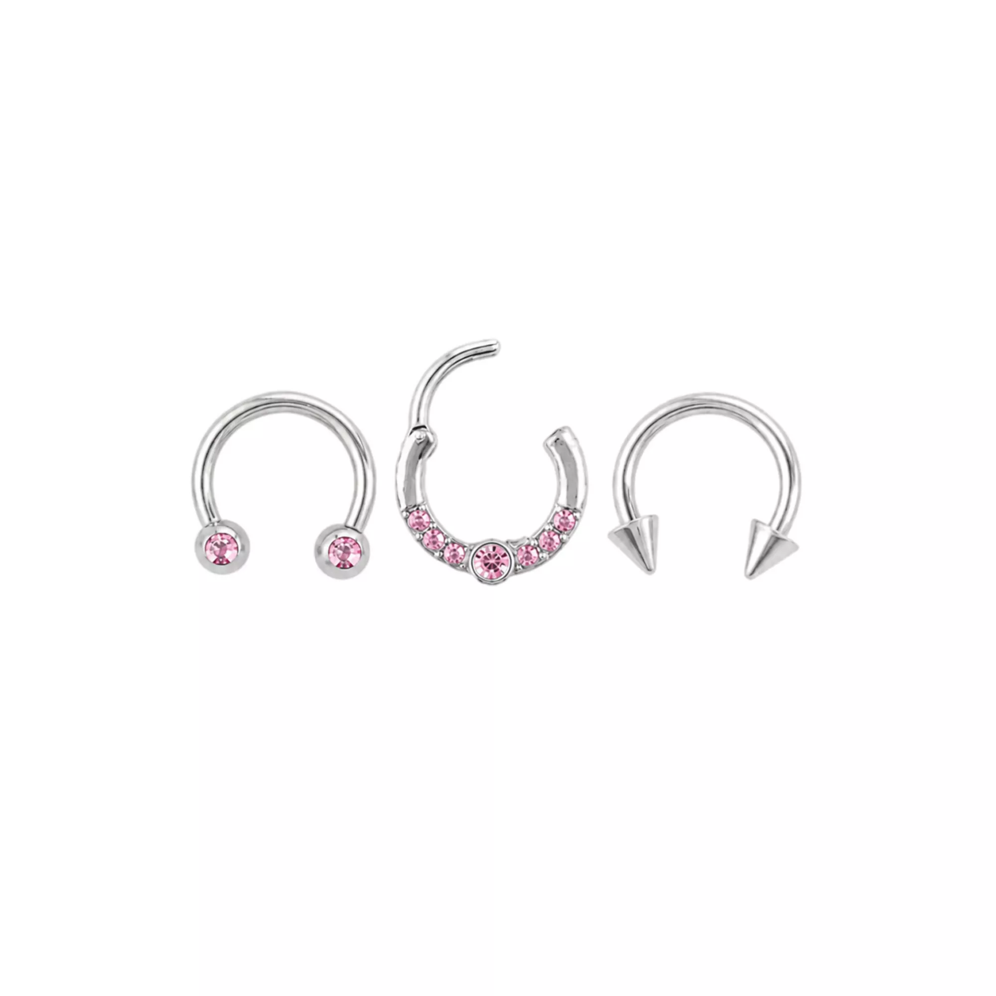 Multi-Pack Pink CZ Silver-Tone Horseshoe and Clicker Rings 3 Pack - 16 Gauge