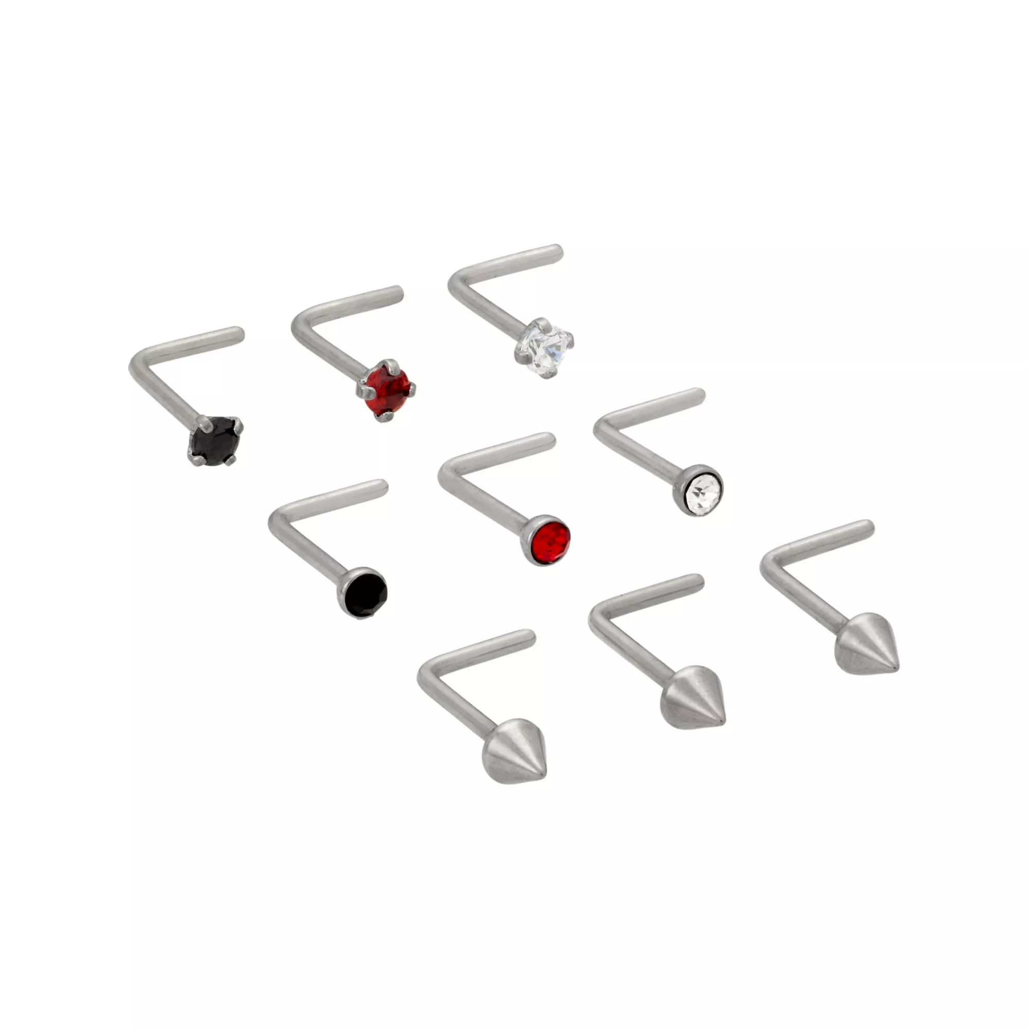 Multi-Pack ASTM F-136 Titanium CZ Black Red L-Bend Nose Rings 9 Pack - 20 Gauge at Spencer's