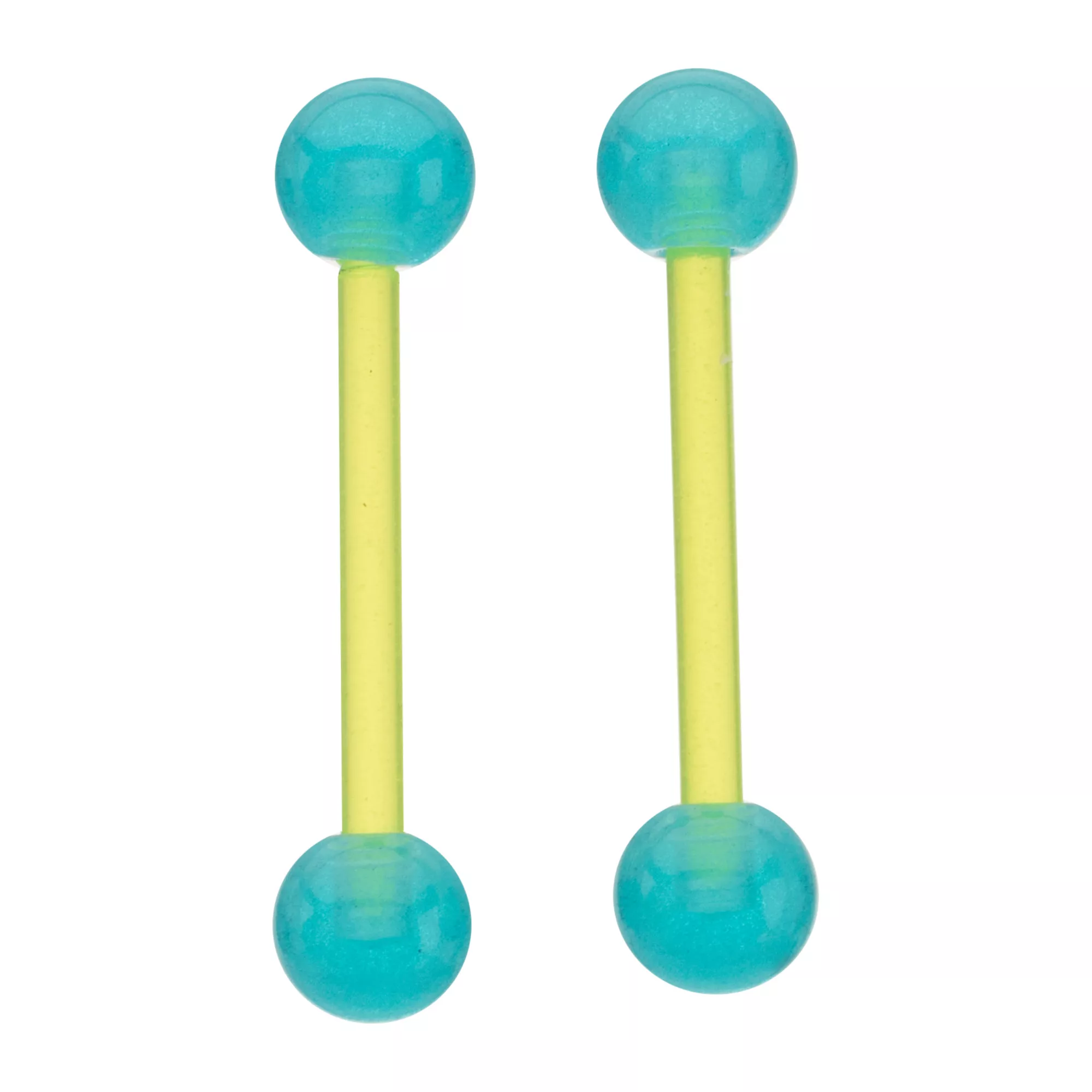 Glow in the Dark Green and Blue Bioflex Nipple Barbells - 14 Gauge at Spencer's