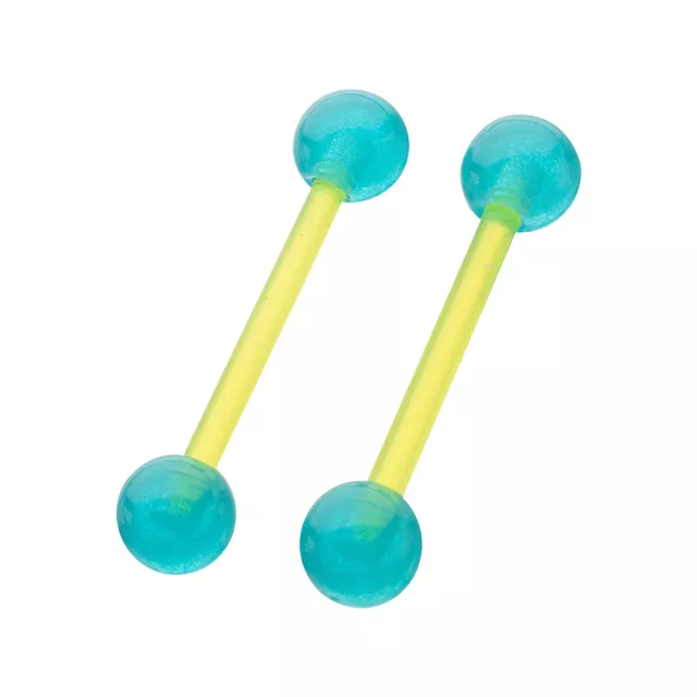 Glow in the Dark Green and Blue Bioflex Nipple Barbells - 14 Gauge at Spencer's