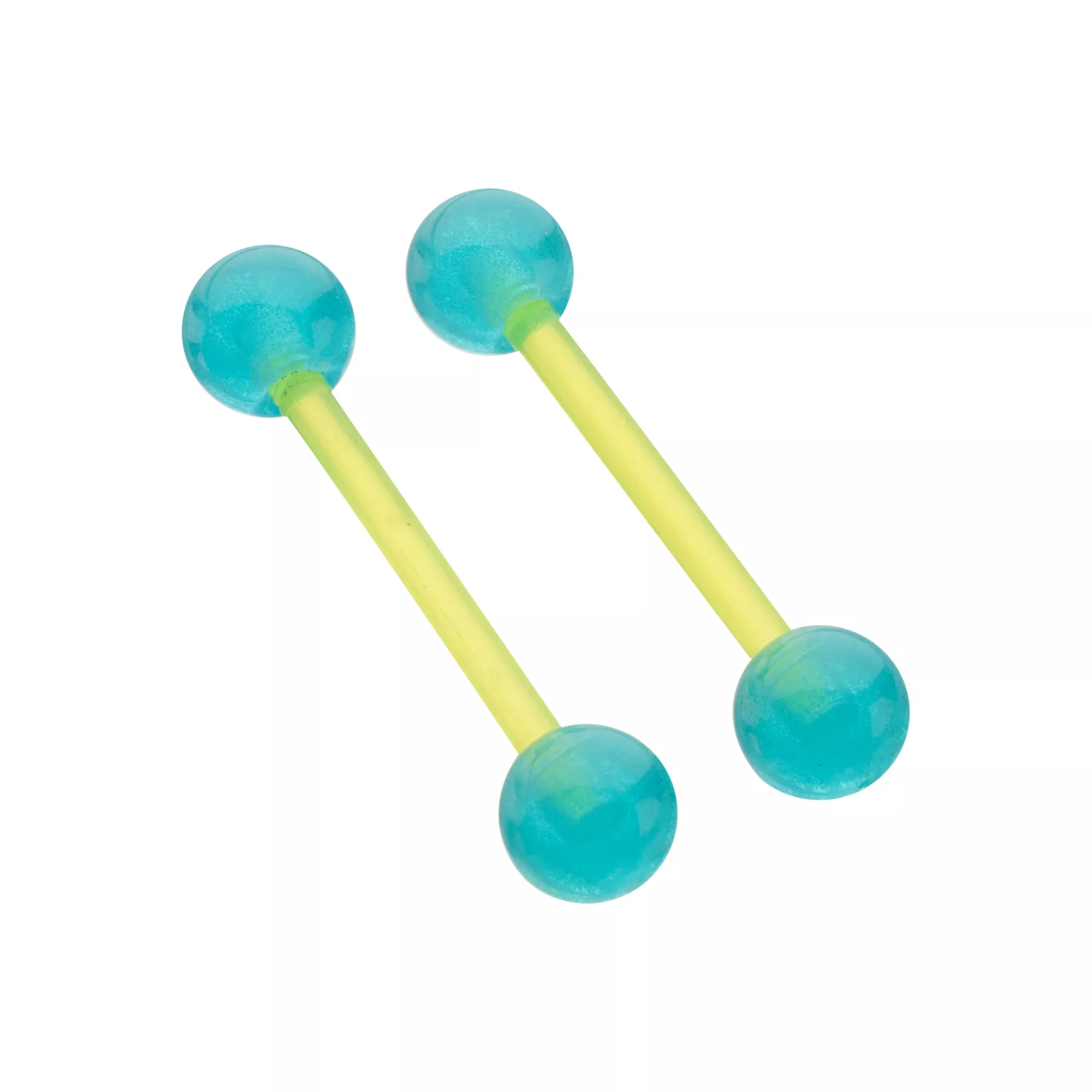 Glow in the Dark Green and Blue Bioflex Nipple Barbells - 14 Gauge at Spencer's