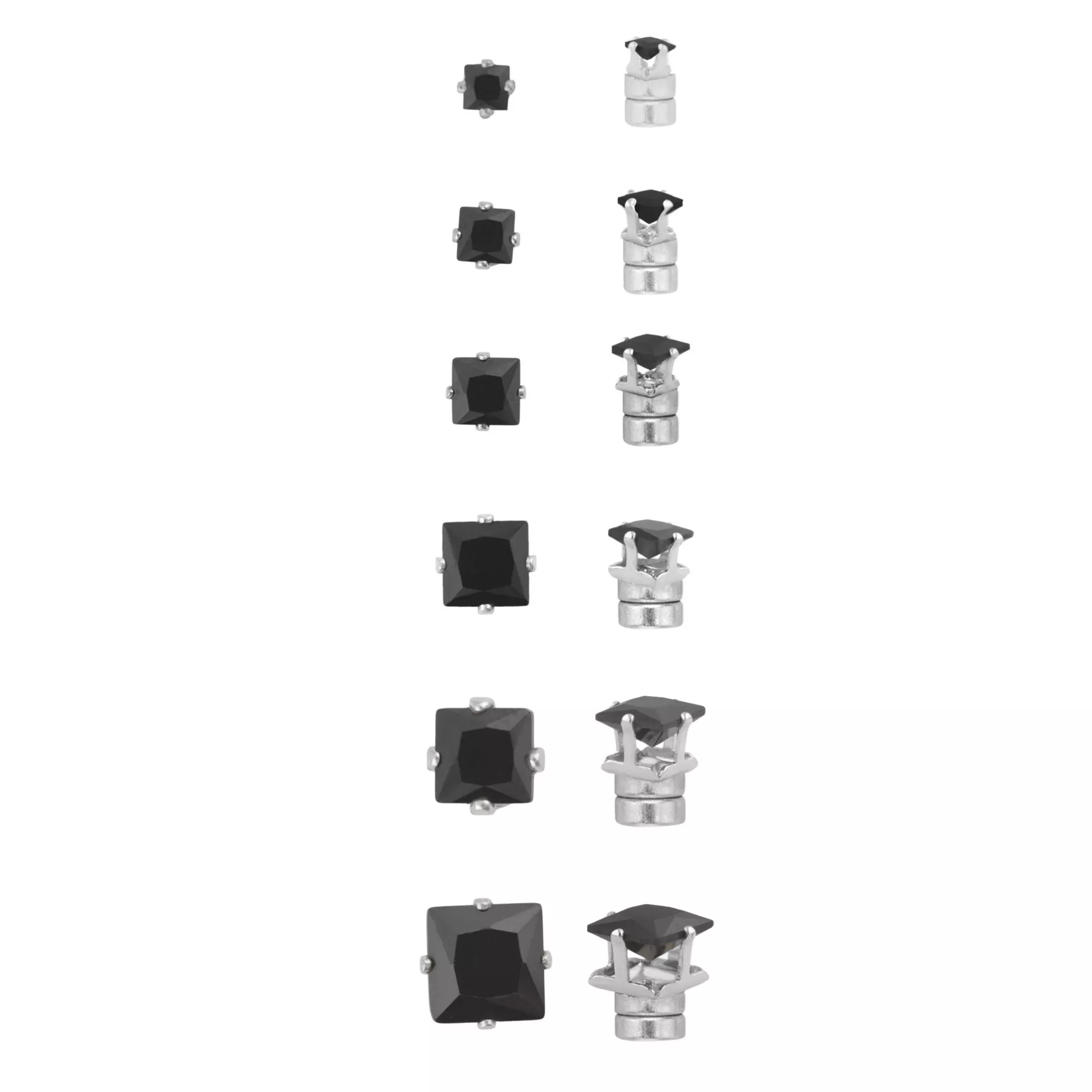 Multi-Pack Black CZ Square Silver-Tone Magnetic Fake Stud Earrings - 6 Pair