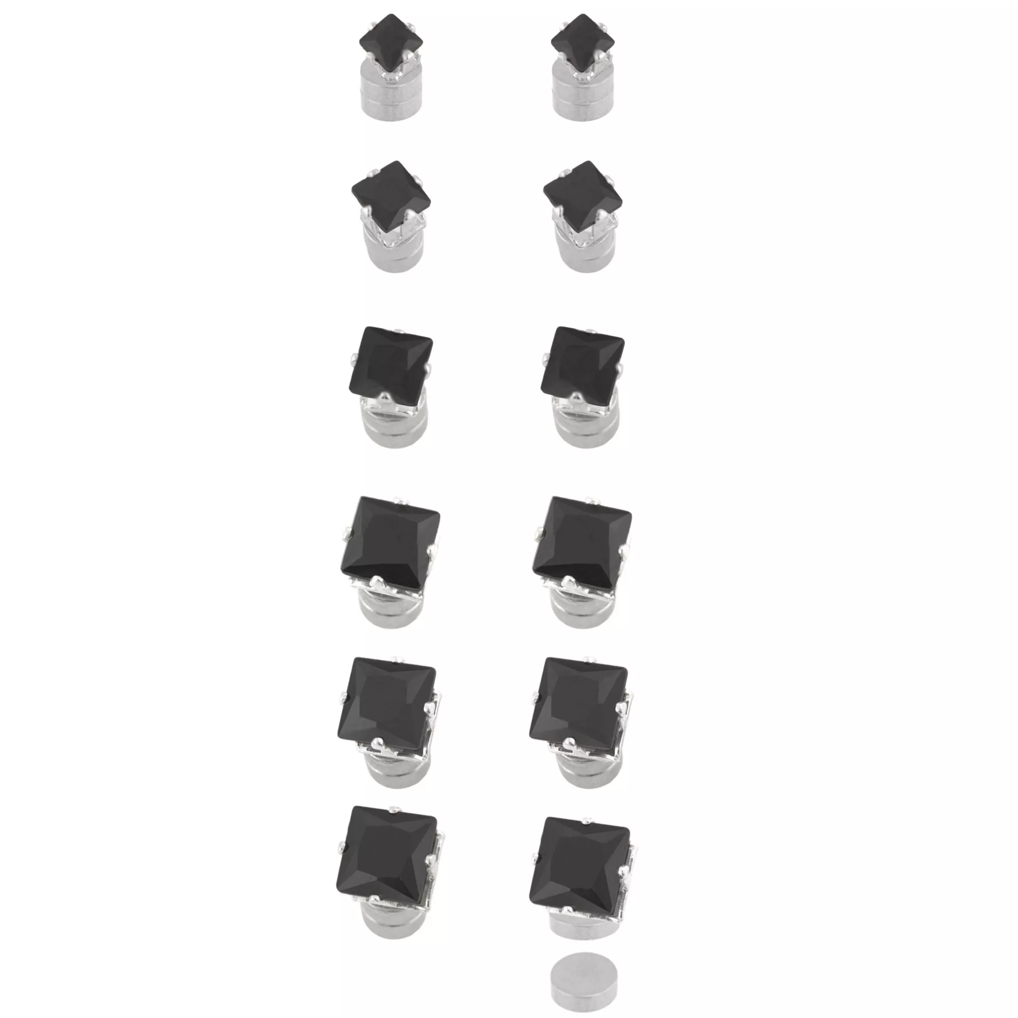 Multi-Pack Black CZ Square Silver-Tone Magnetic Fake Stud Earrings - 6 Pair