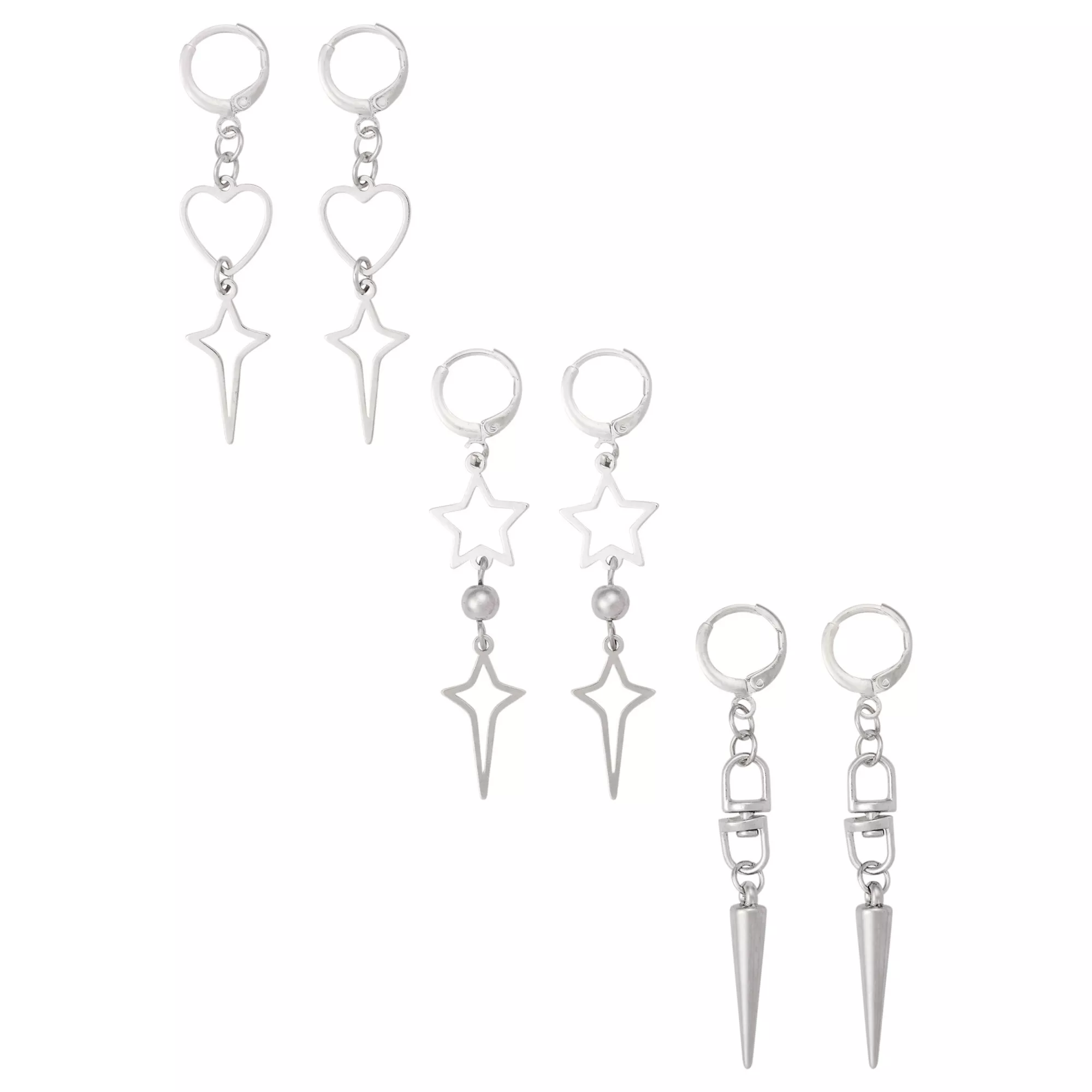Multi-Pack Silver-Toned Star, Heart, and Spike Dangle Earrings - 3 Pair