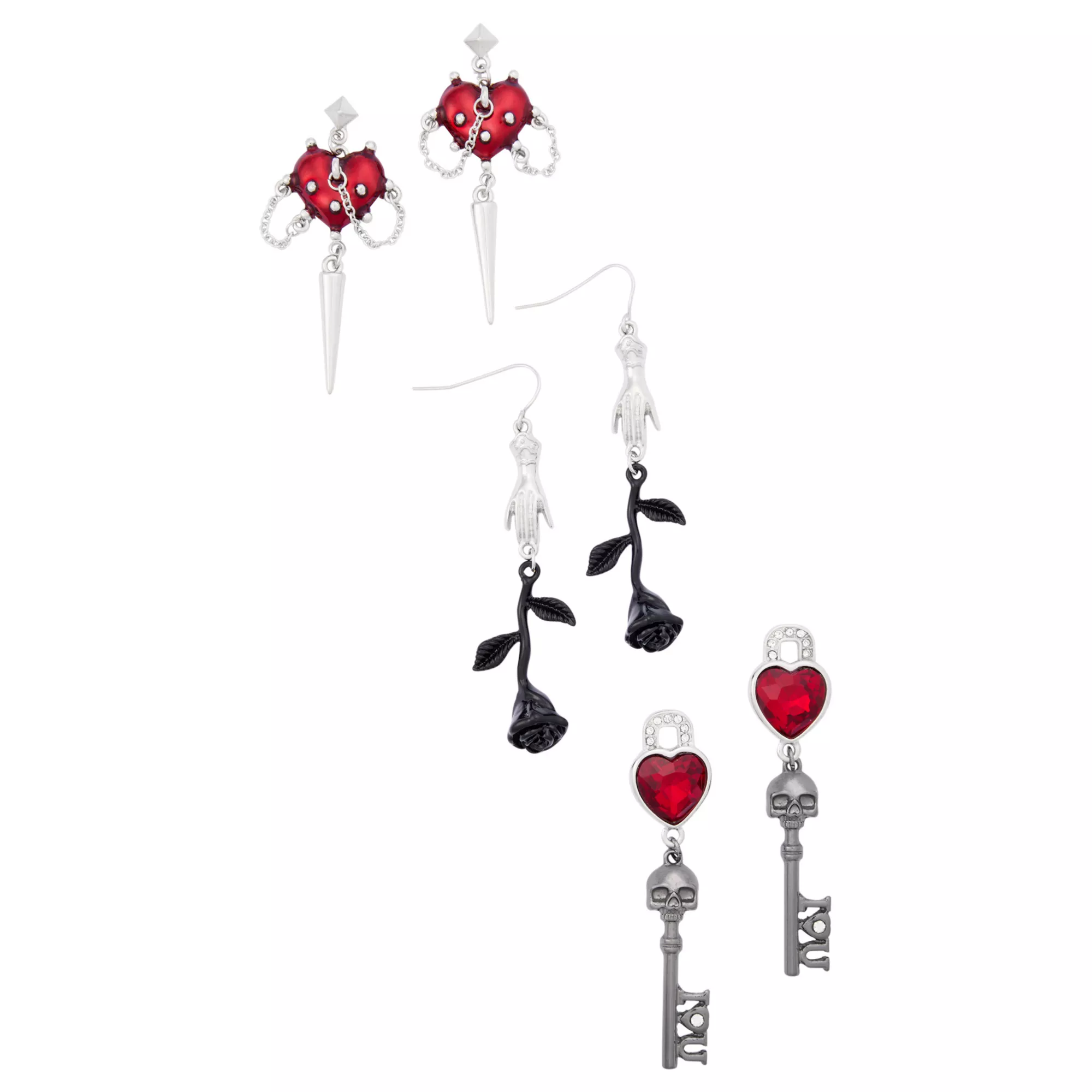 Multi-Pack Rose, Heart, and Skull Key Dangle Earrings - 3 Pair