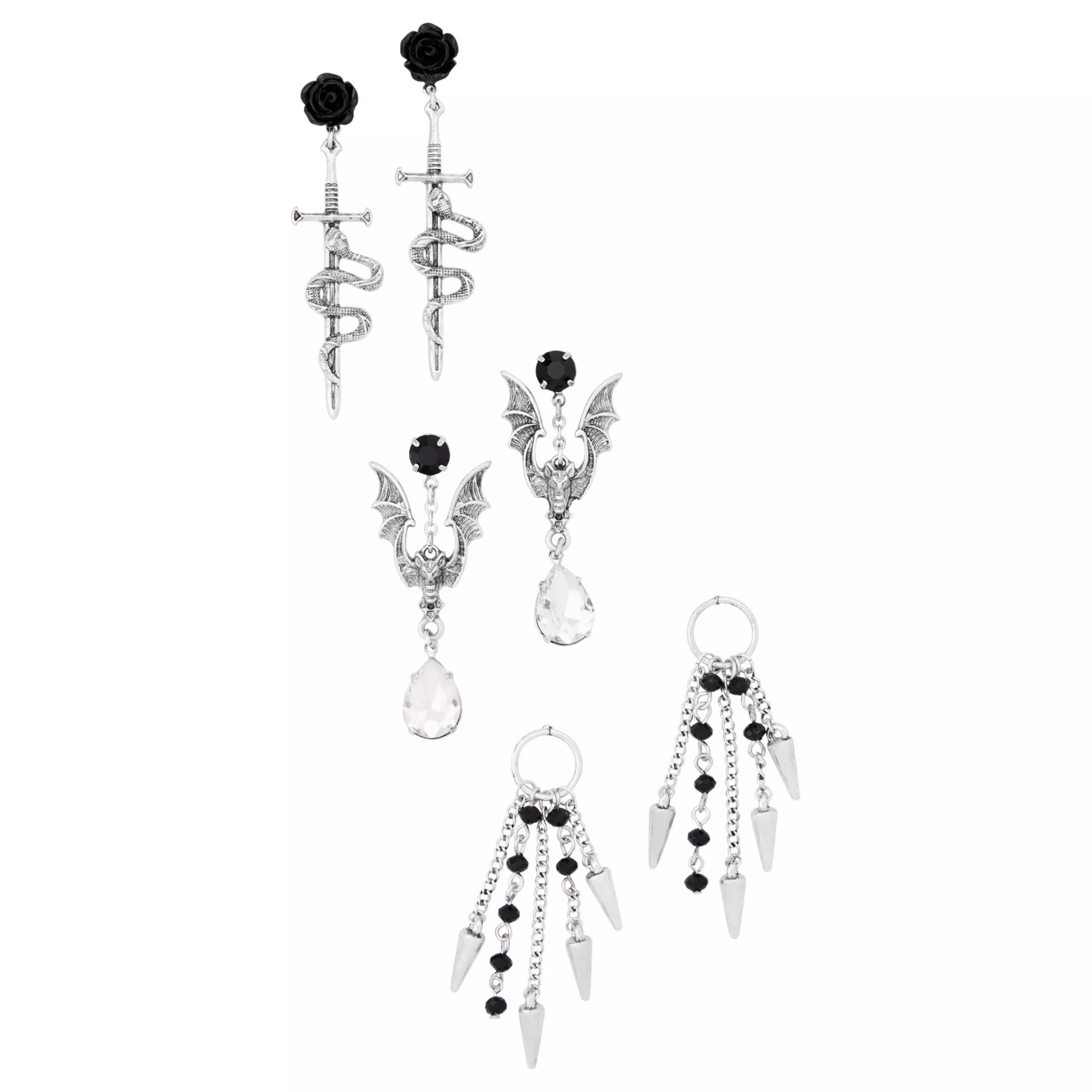 Multi-Pack Snake, Bat, and  Spike Dangle Earrings - 3 Pair