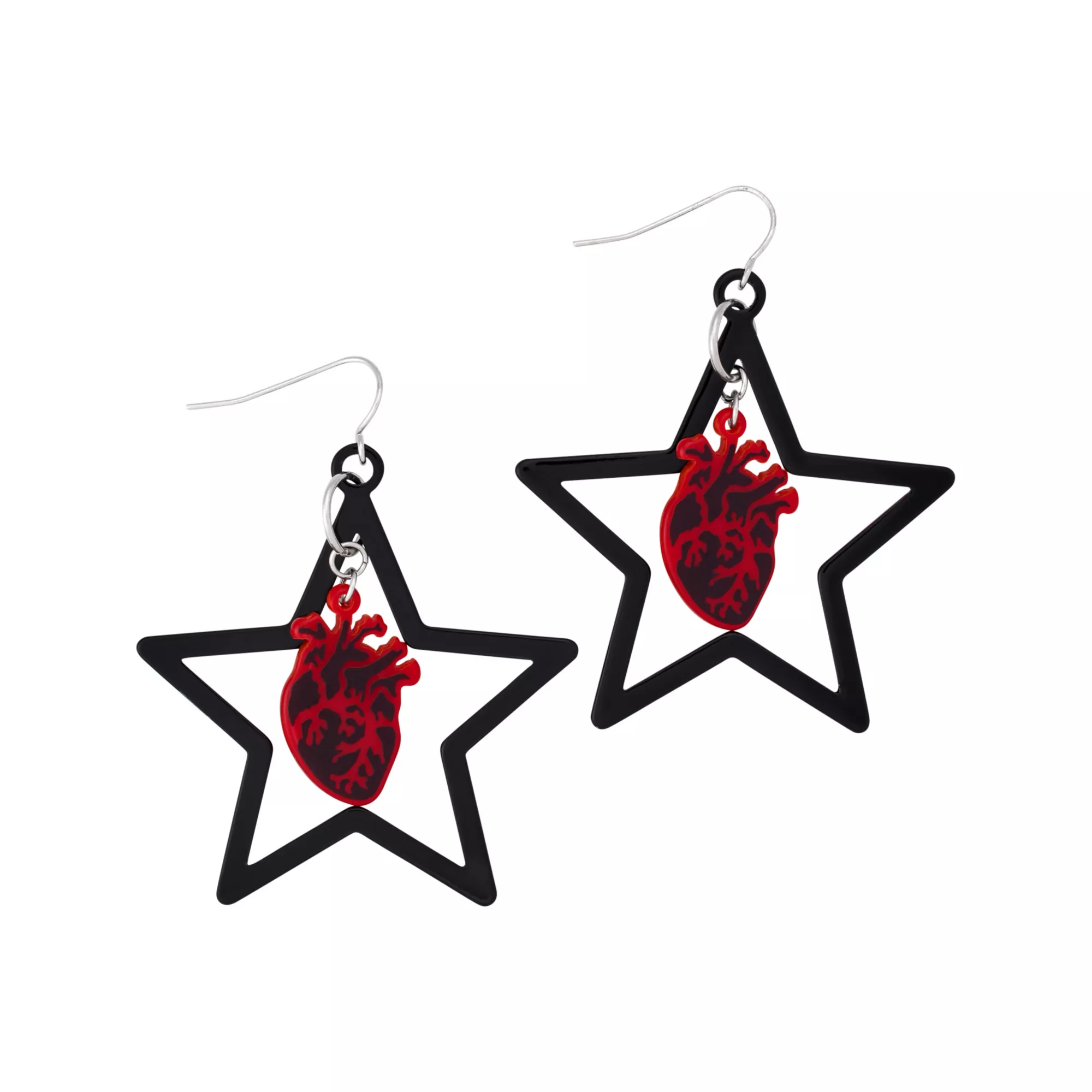 Black Anatomical Heart and Star Dangle Earrings