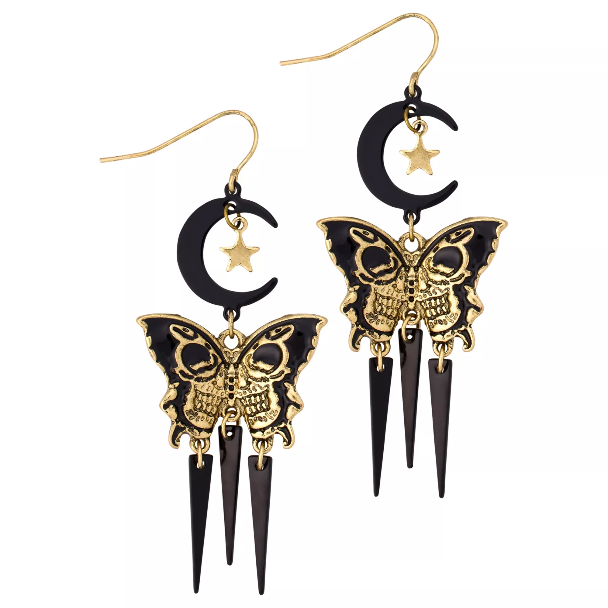 Black and Gold-Toned Moon Moth Spike Dangle Earrings