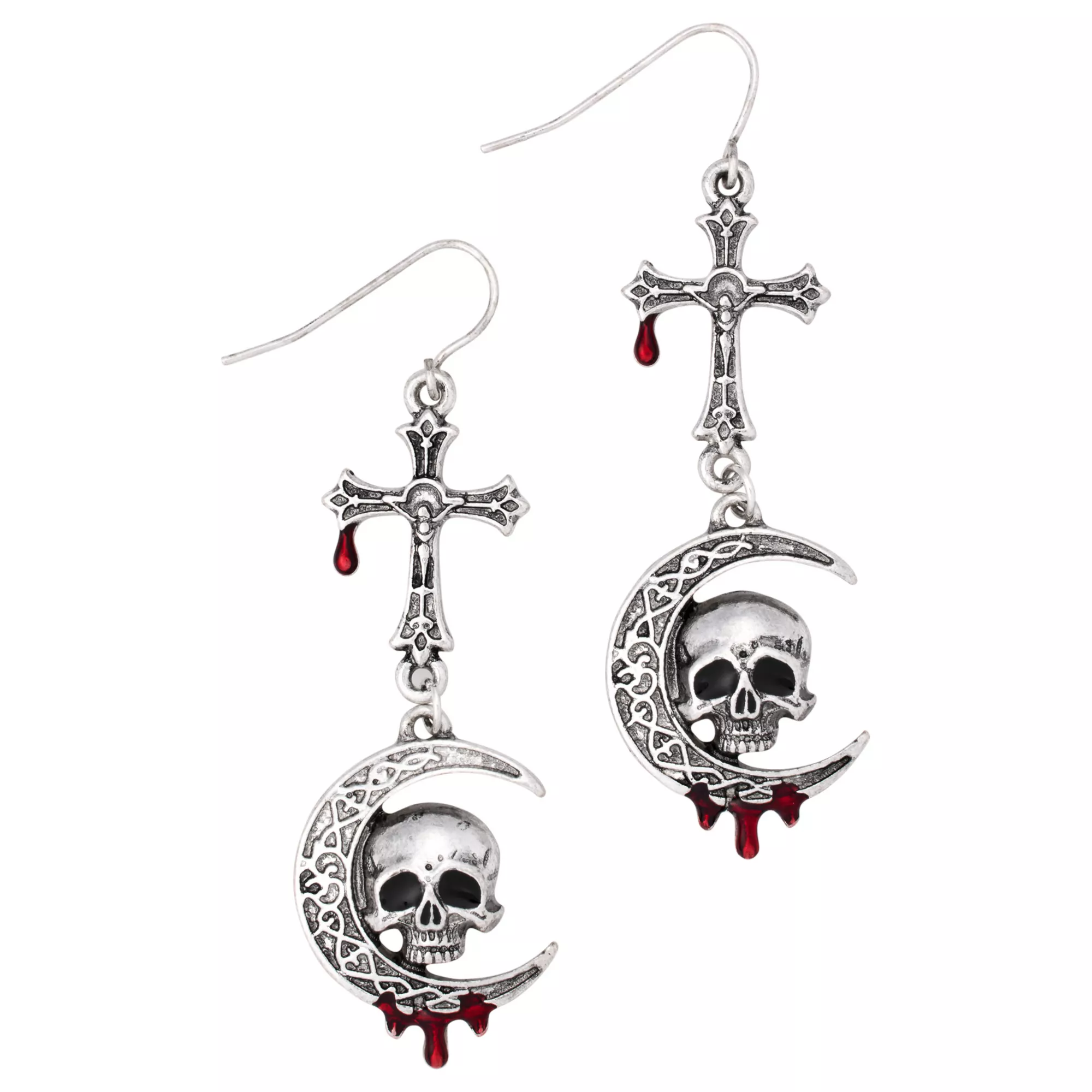 Silver-Toned Crucifix, Moon, and Skull Dangle Earrings