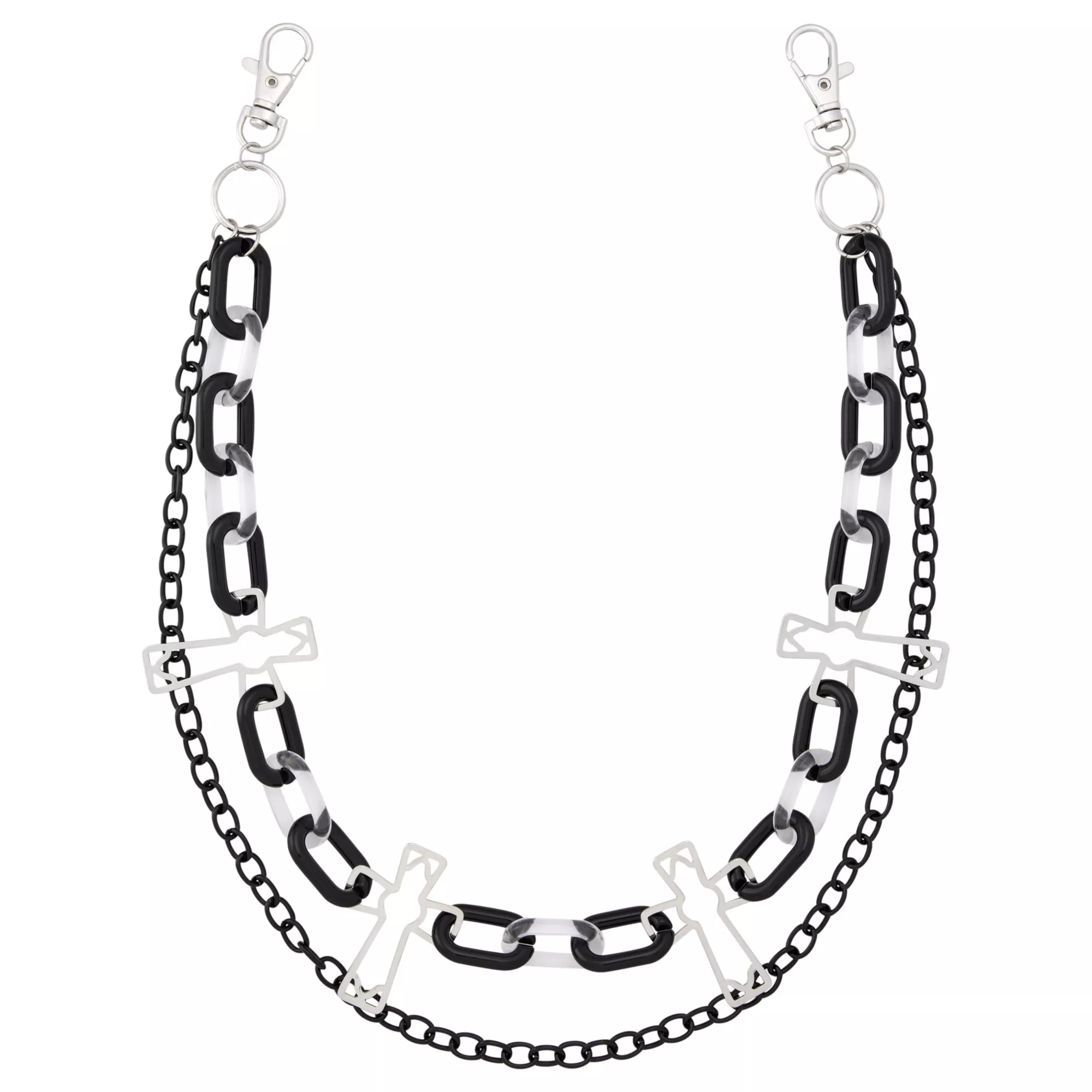 2-Row Black and Silver-Tone Cross Link Wallet Chain