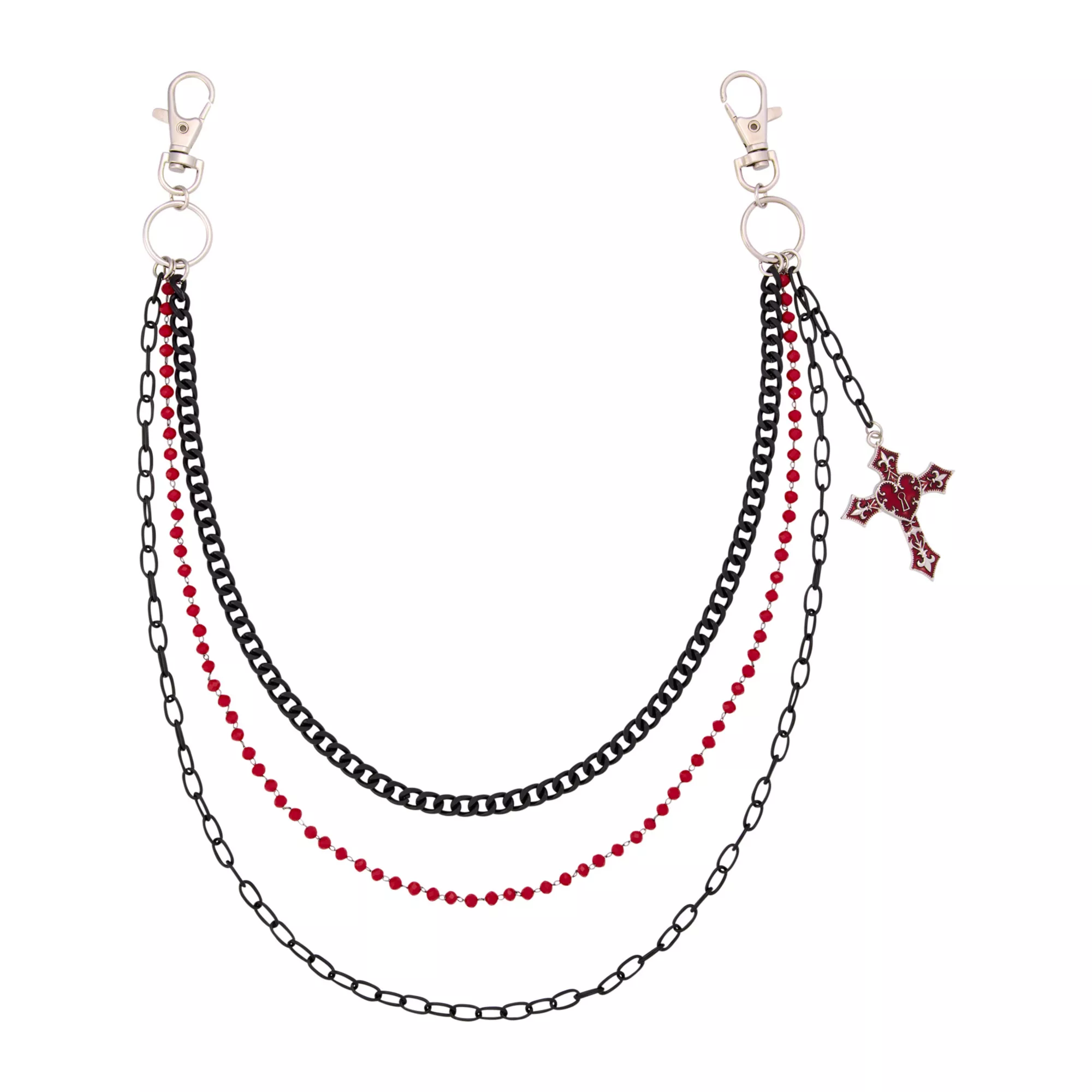 3-Row Black and Red Beaded Heart Cross Wallet Chain