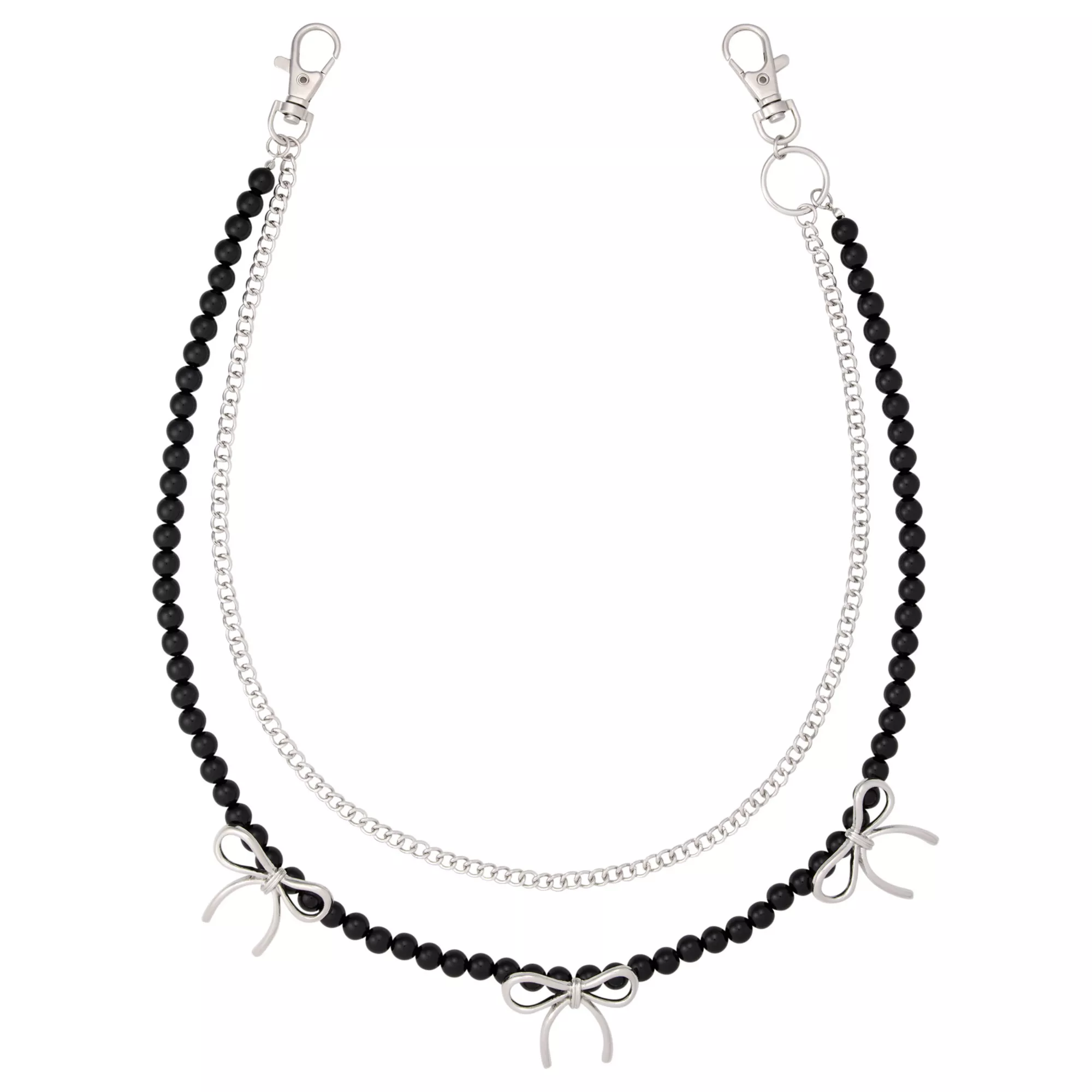 2-Row Black and Silver-Tone Beaded Bow Wallet Chain
