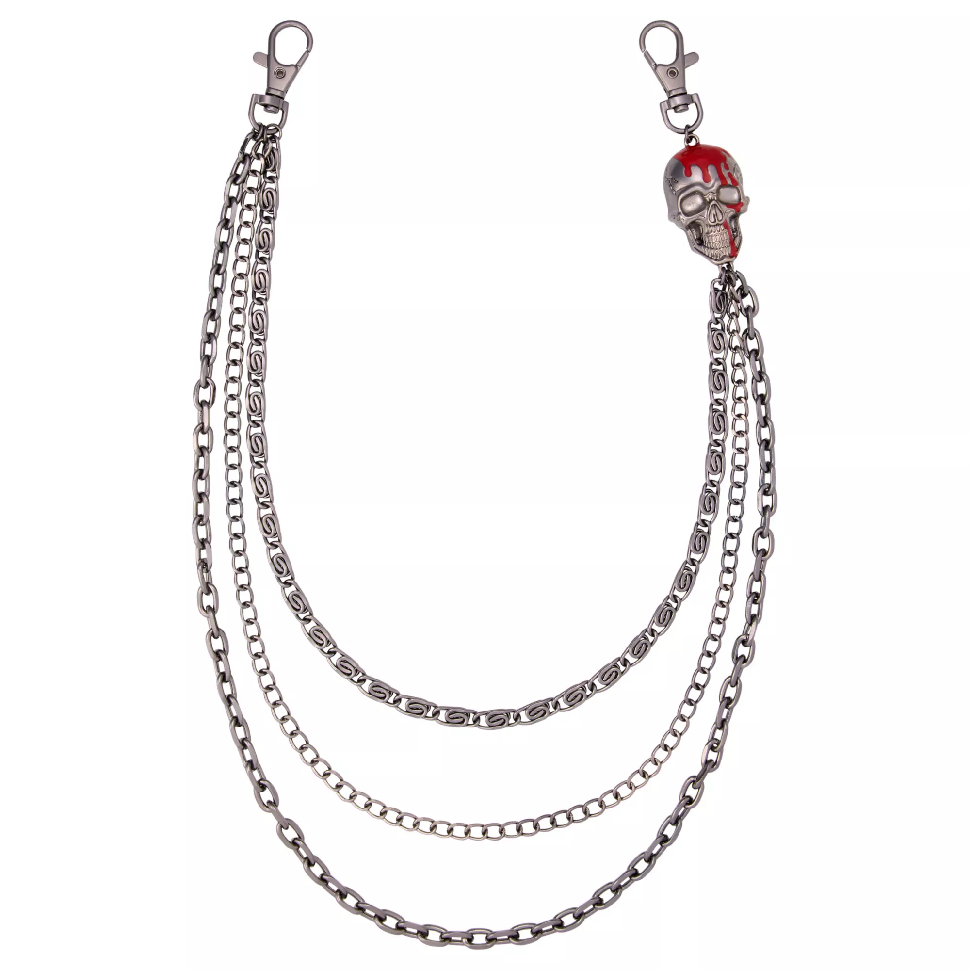 3-Row Silver-Tone Blood Dripping Skull Link Wallet Chain