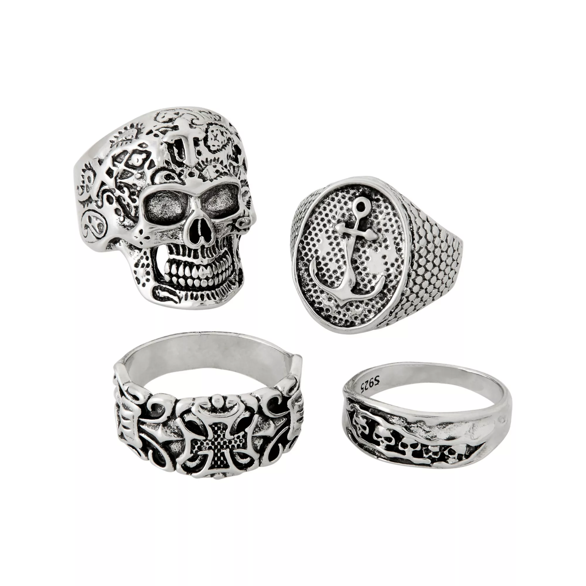 Multi-Pack Skull Anchor Silver-Tone Rings - 5 Pack