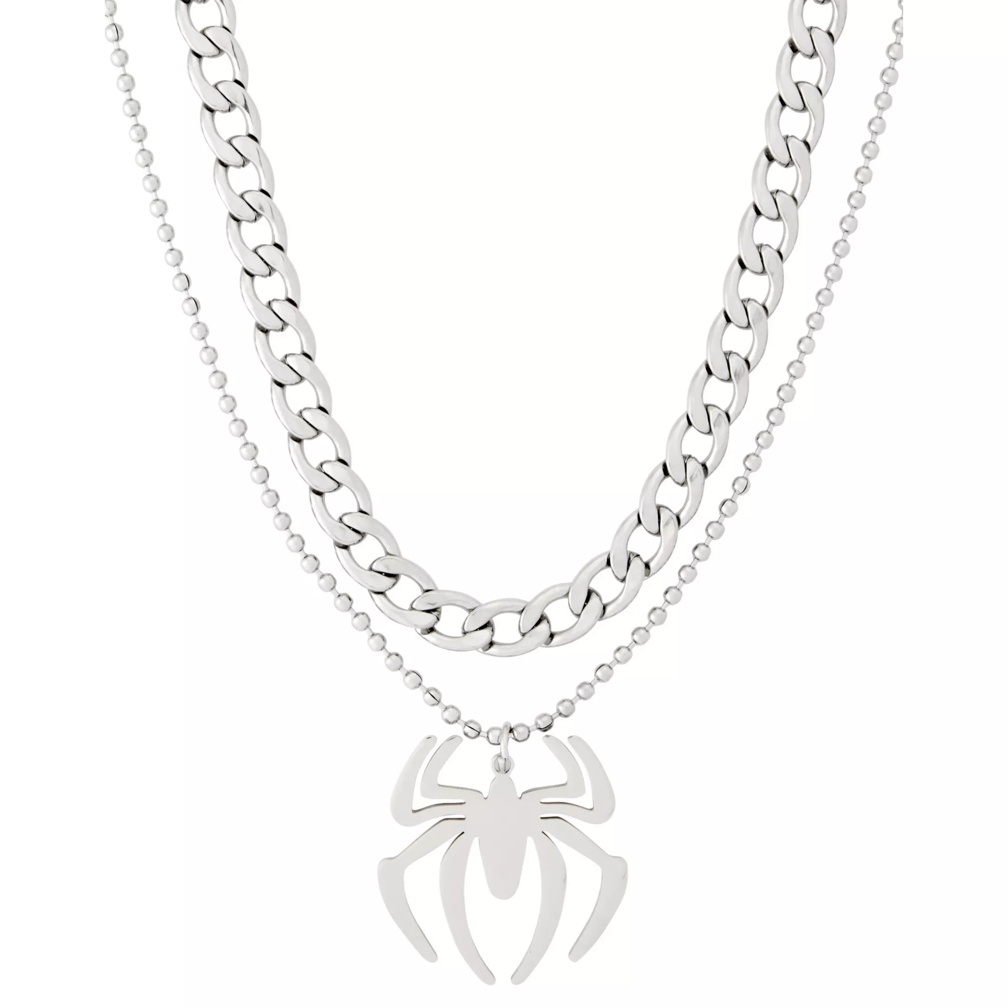 Silver-Toned Spider Pendant Layered Chain Necklace
