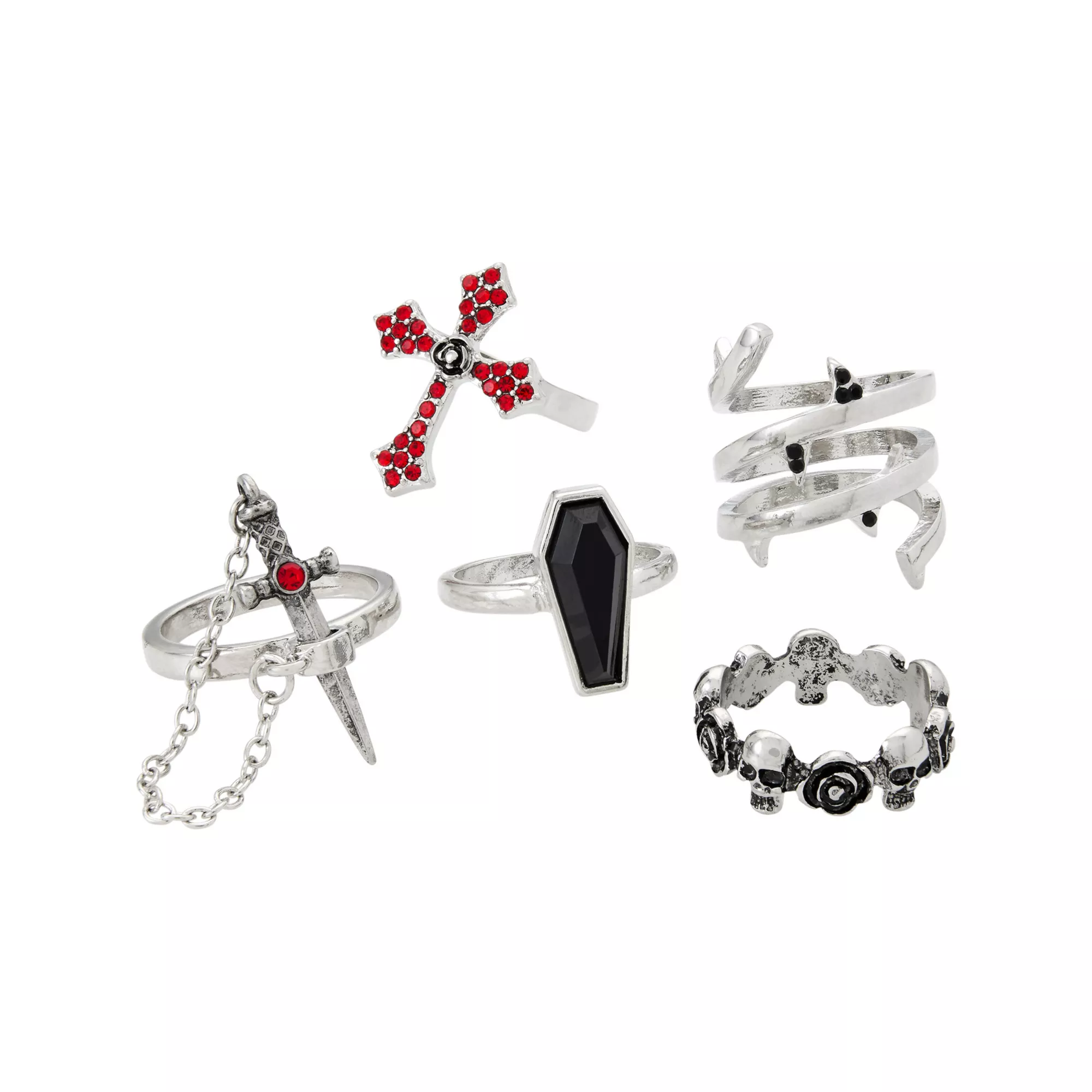 Multi-Pack Red Black Cross Coffin Sword Assorted Rings - 5 Pack at Spencer's