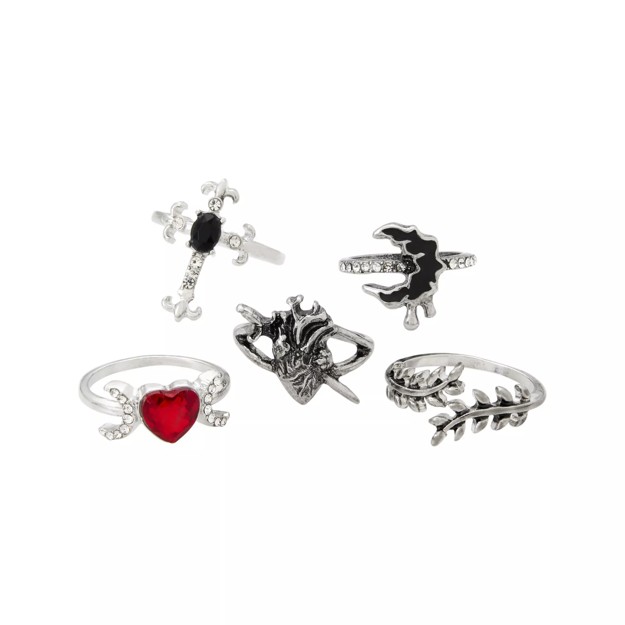 Multi-Pack Heart, Moon, and Rose Ring Set  - 5 Pack