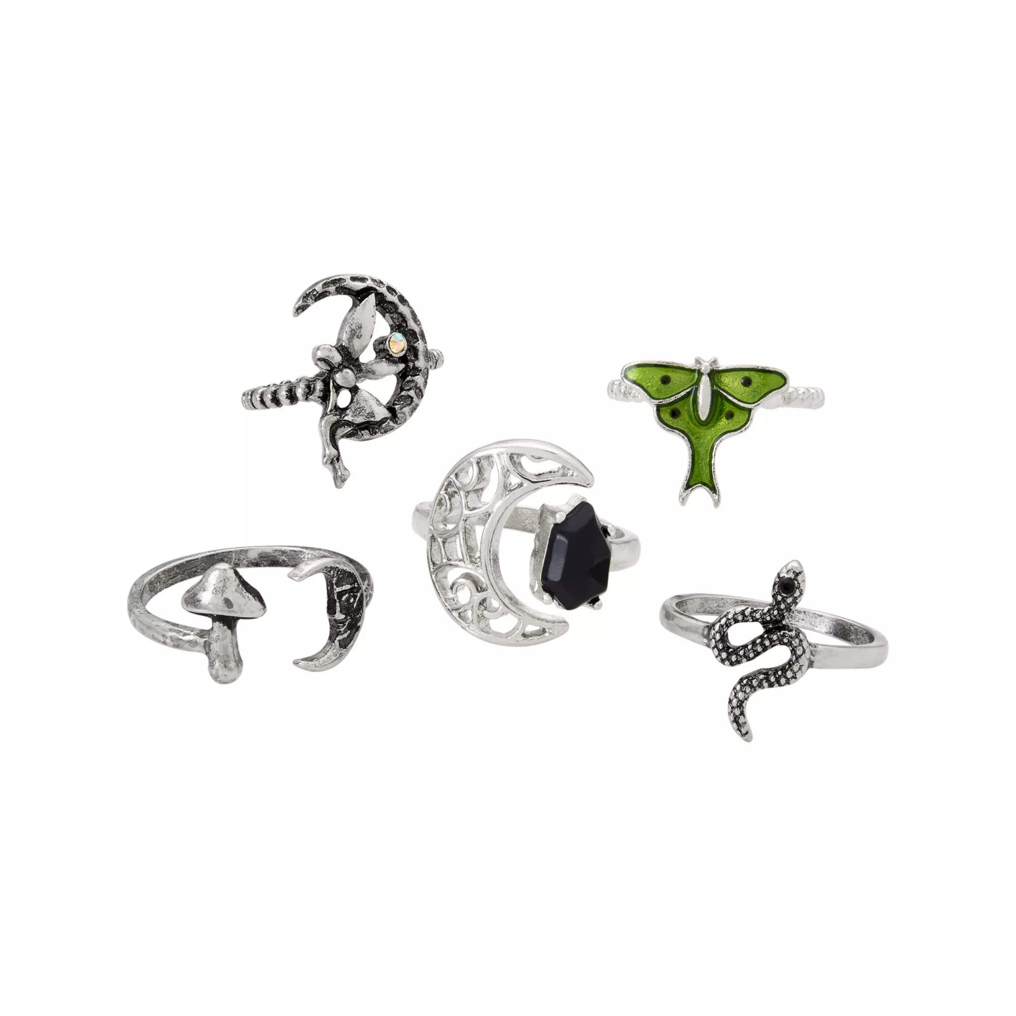 Multi-Pack Fairy, Moon and Snake Ring Set - 5 Pack