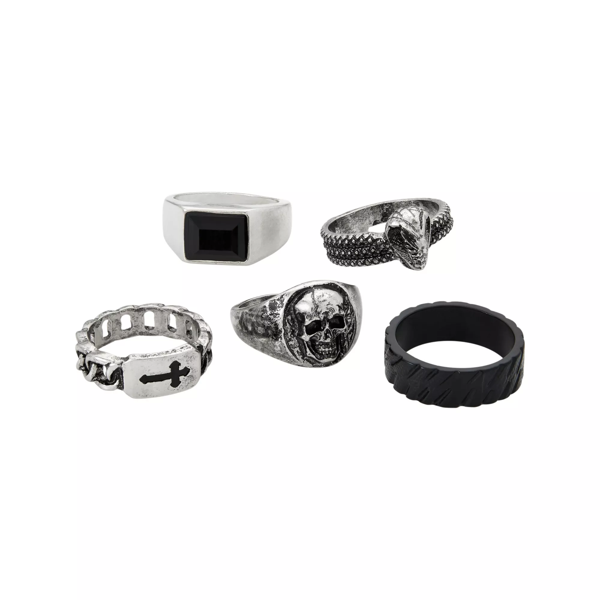 Multi-Pack Skull, Snake, and Chain Ring Set - 5 Pack
