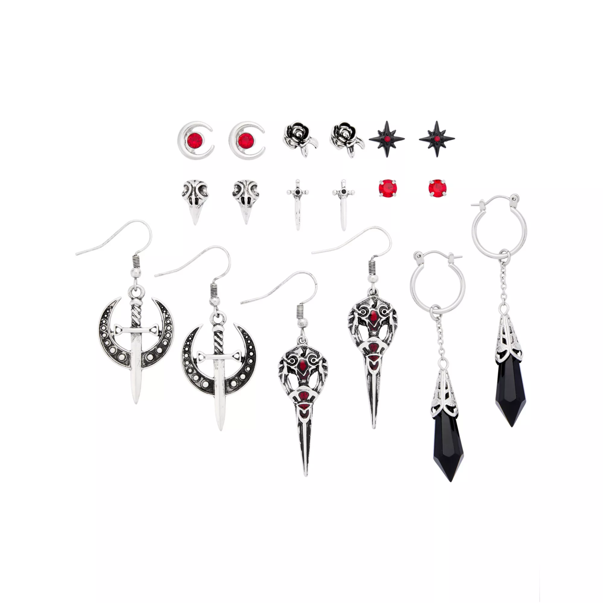Multi-Pack Gothic Dagger Rose and Star Earrings - 9 Pack