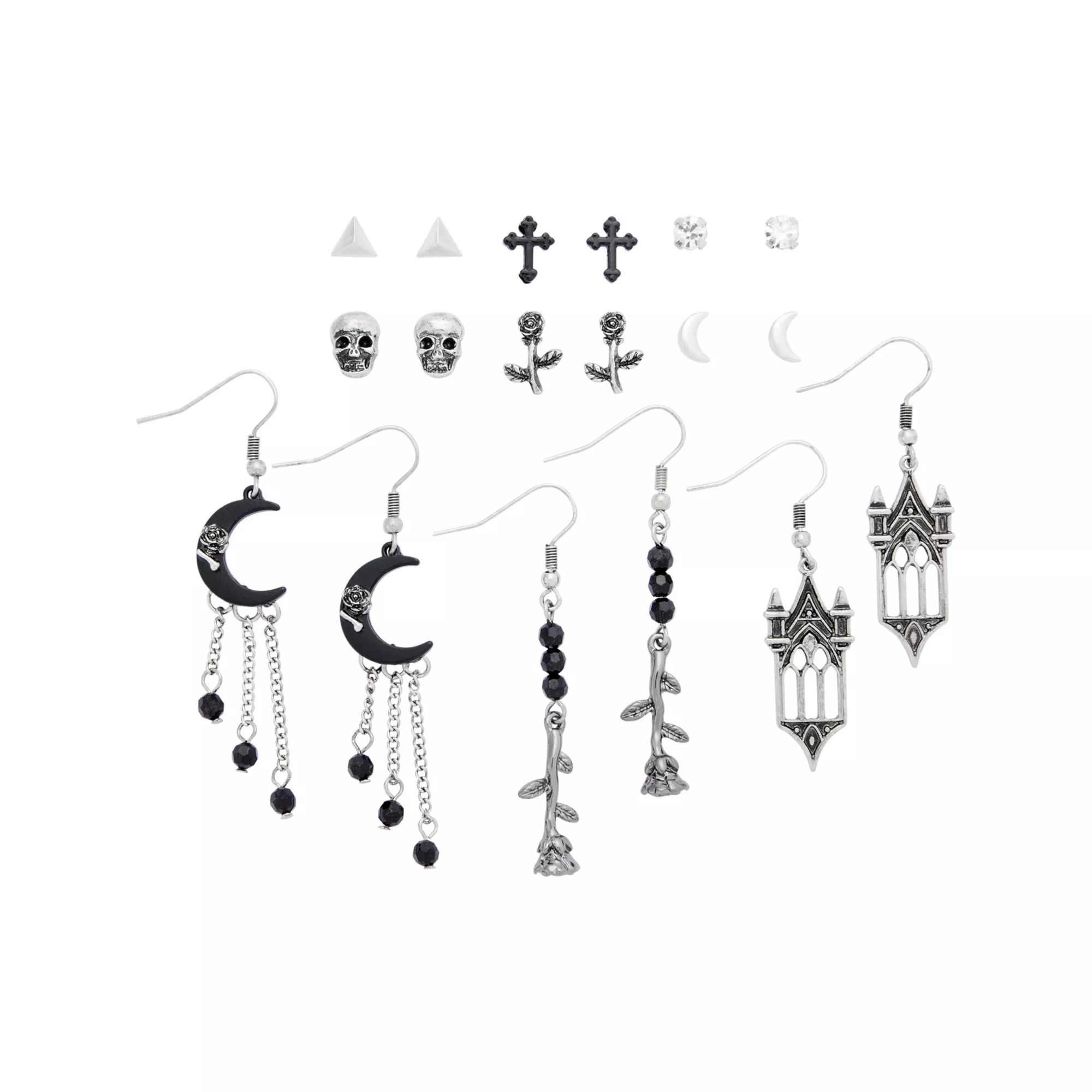 Multi-Pack Cathedral, Moon, and Rose Earring Set - 9 Pack