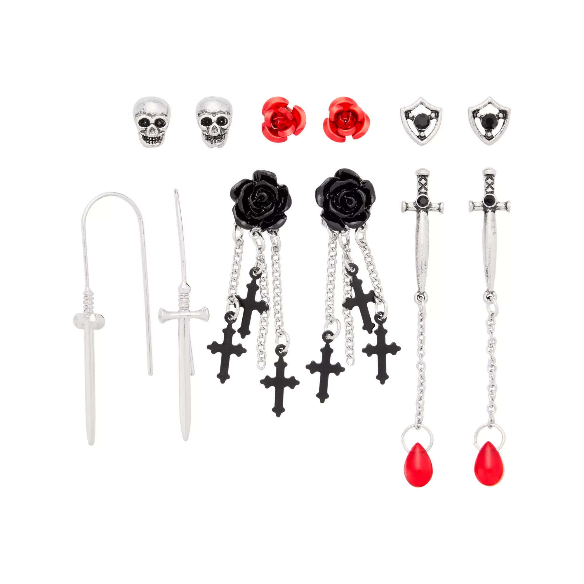 Multi-Pack Gothic Dagger Rose and Cross Earrings - 6 Pack