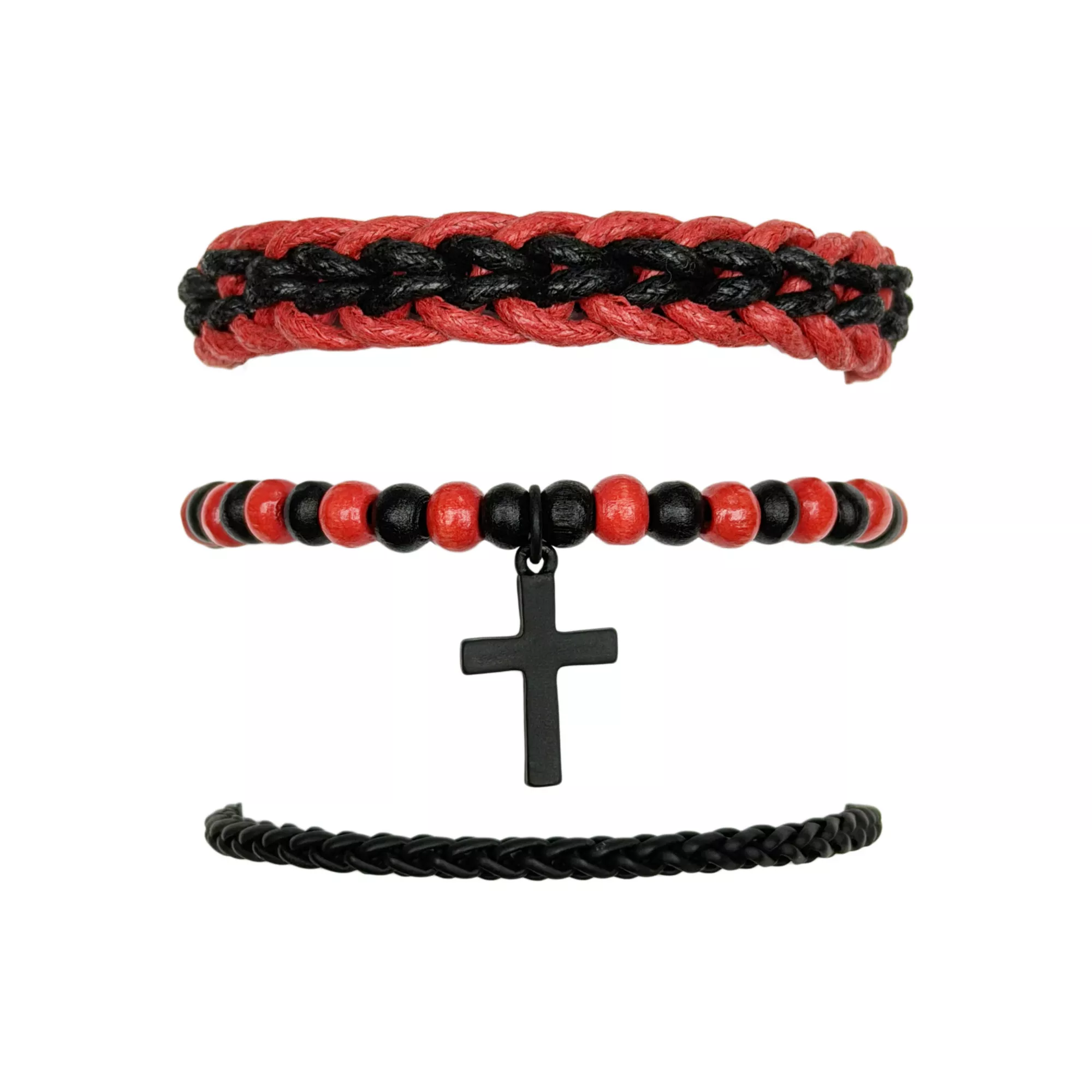 Multi-Pack Black and Red Cross Cord Beaded Bracelets - 3 Pack