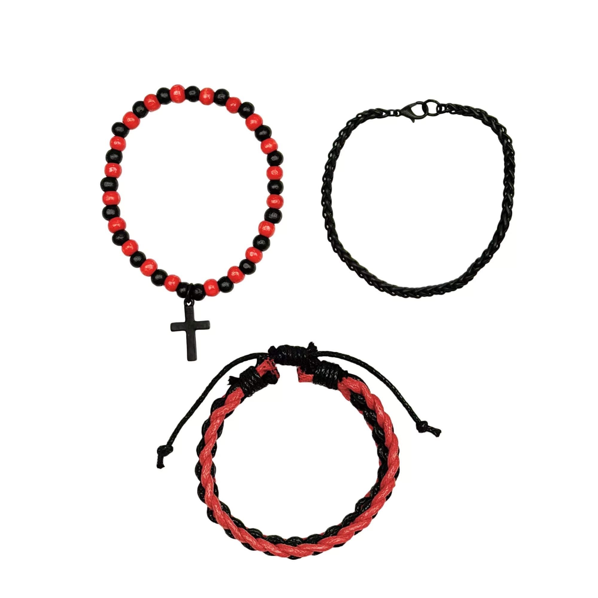Multi-Pack Black and Red Cross Cord Beaded Bracelets - 3 Pack