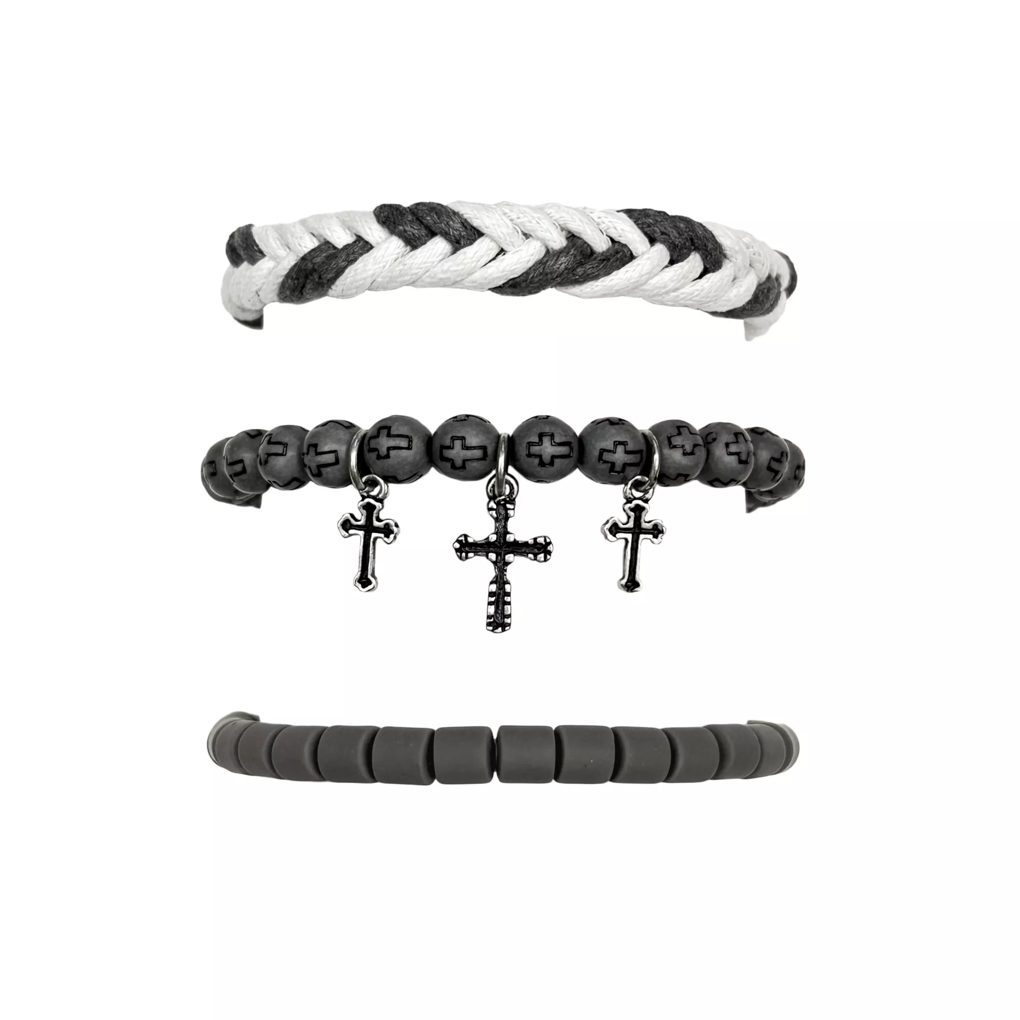 Multi-Pack Gray, White Cord and Cross Beaded Bracelets - 3 Pack