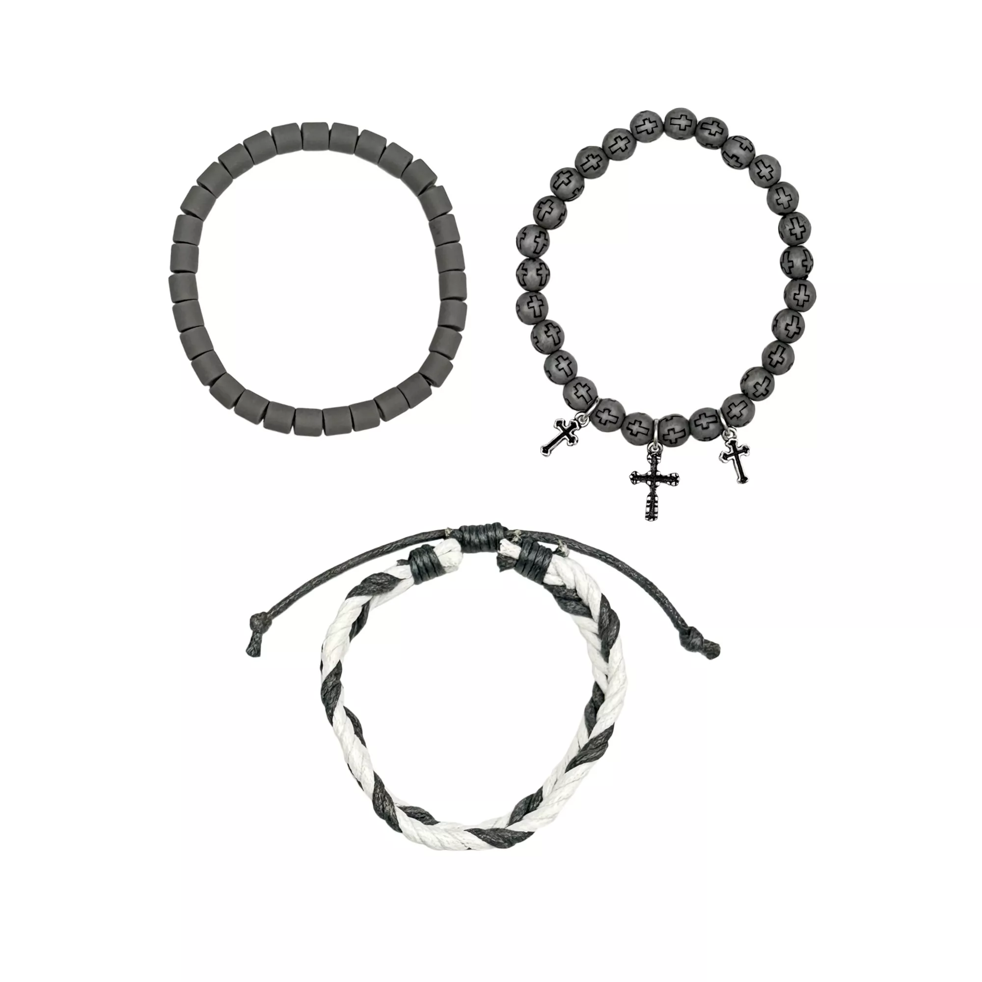 Multi-Pack Gray, White Cord and Cross Beaded Bracelets - 3 Pack
