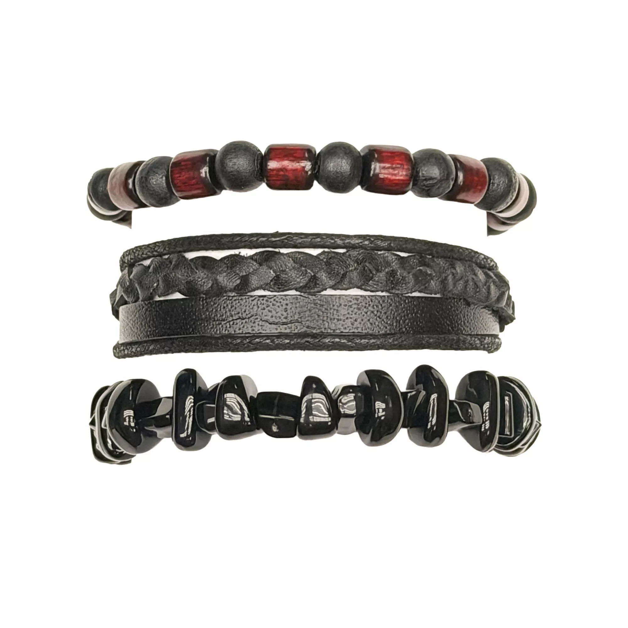 Multi-Pack Black Cord and Black Maroon Beaded Bracelets - 3 Pack