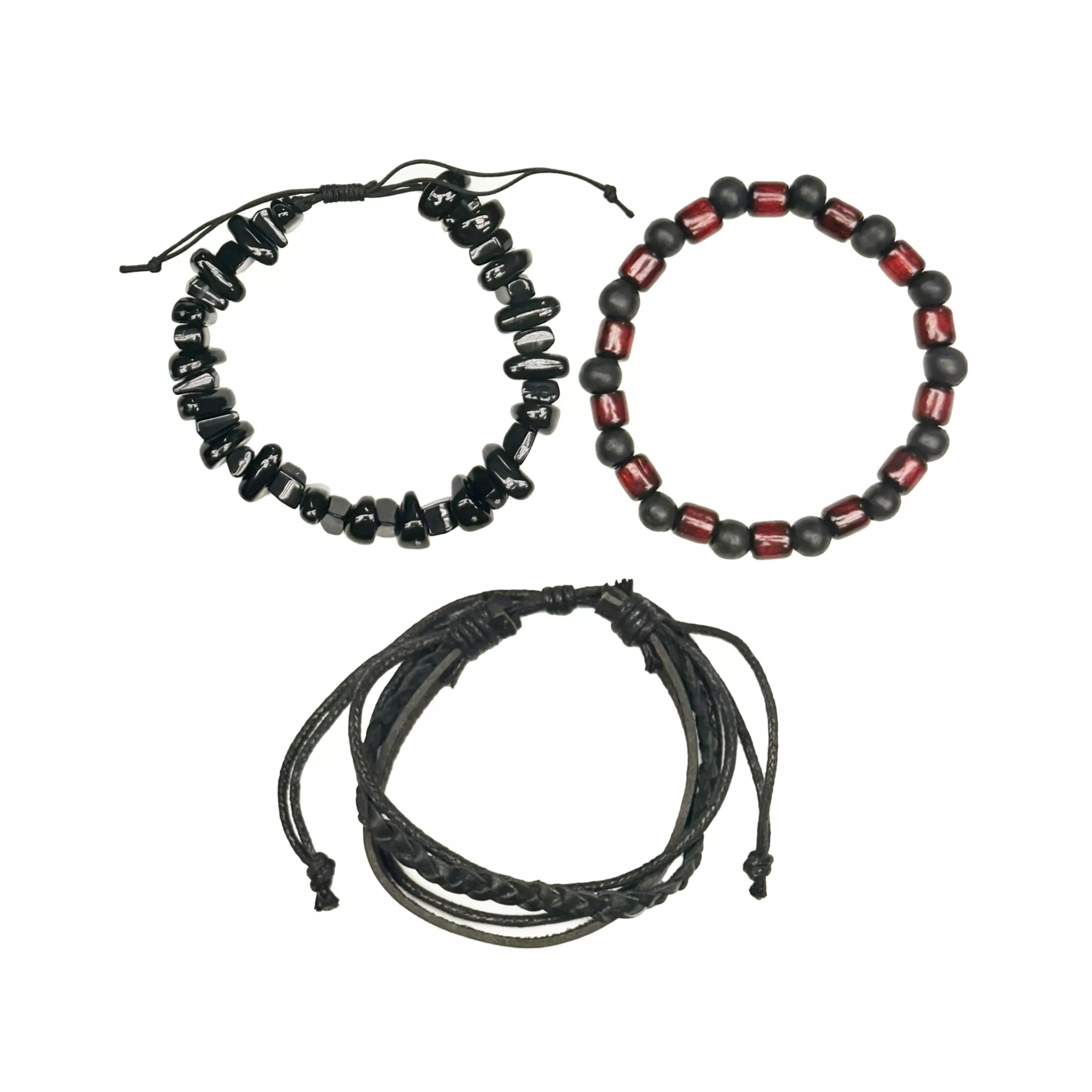 Multi-Pack Black Cord and Black Maroon Beaded Bracelets - 3 Pack
