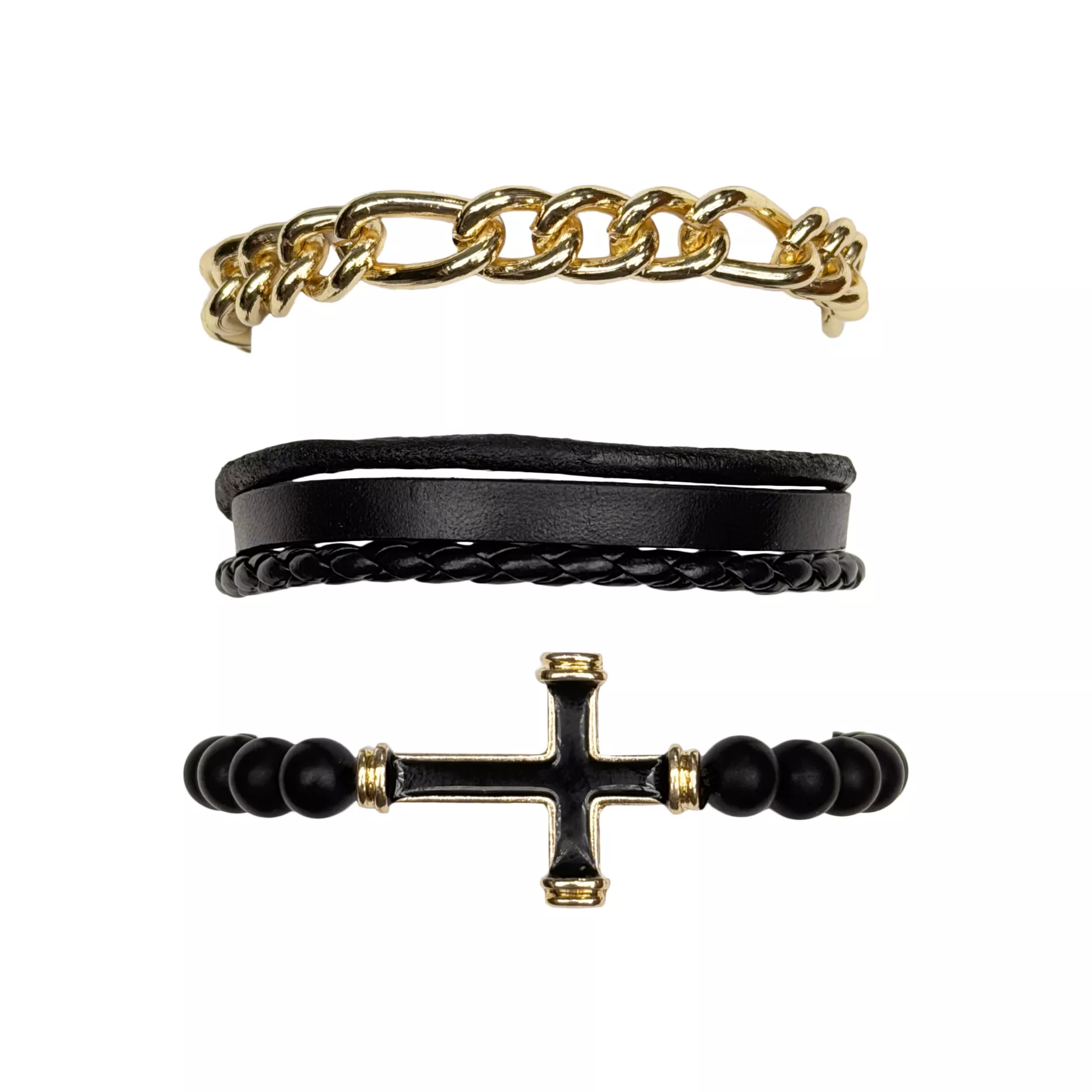 Multi-Pack Gold-Toned Chain, Black Cord and Cross Beaded Bracelets - 3 Pack