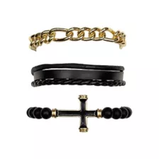 Multi-Pack Gold-Toned Chain, Black Cord and Cross Beaded Bracelets - 3 Pack at Spencer's