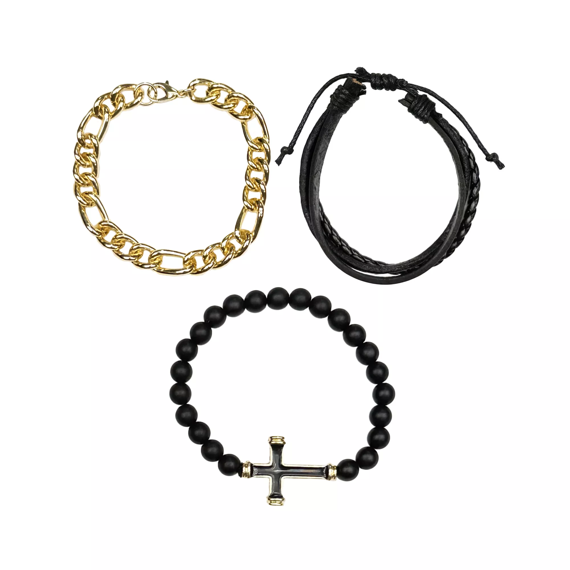 Multi-Pack Gold-Toned Chain, Black Cord and Cross Beaded Bracelets - 3 Pack