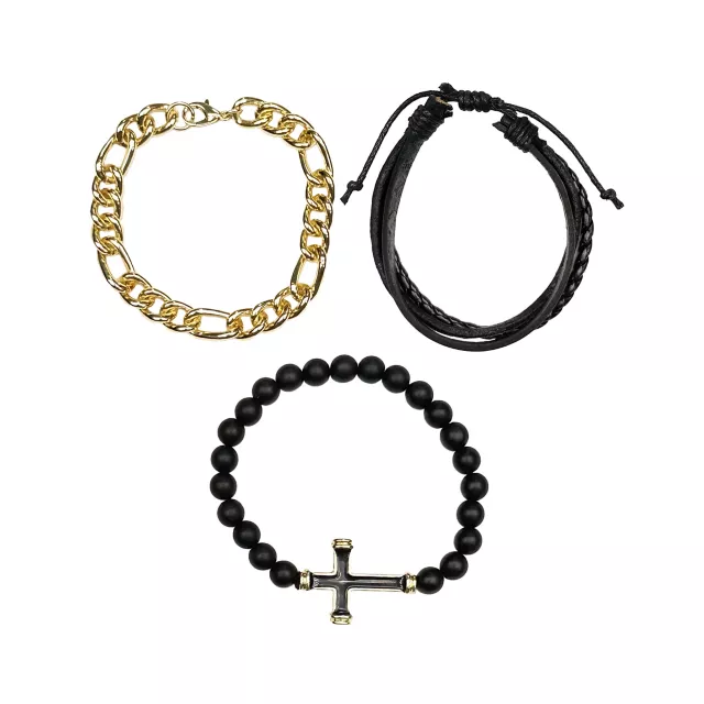 Multi-Pack Gold-Toned Chain, Black Cord and Cross Beaded Bracelets - 3 Pack at Spencer's