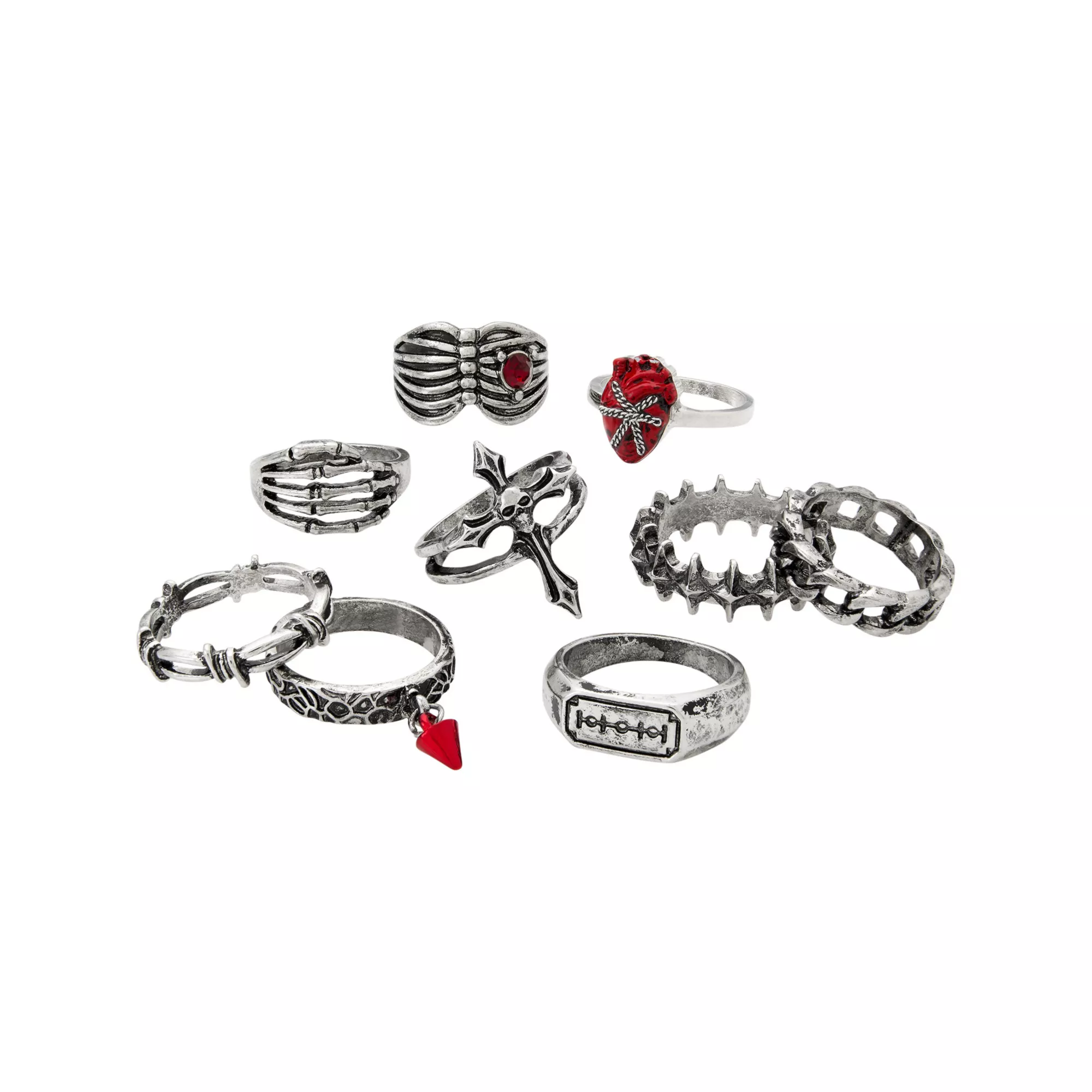 Multi-Pack Gothic Heart and Spike Rings - 9 Pack