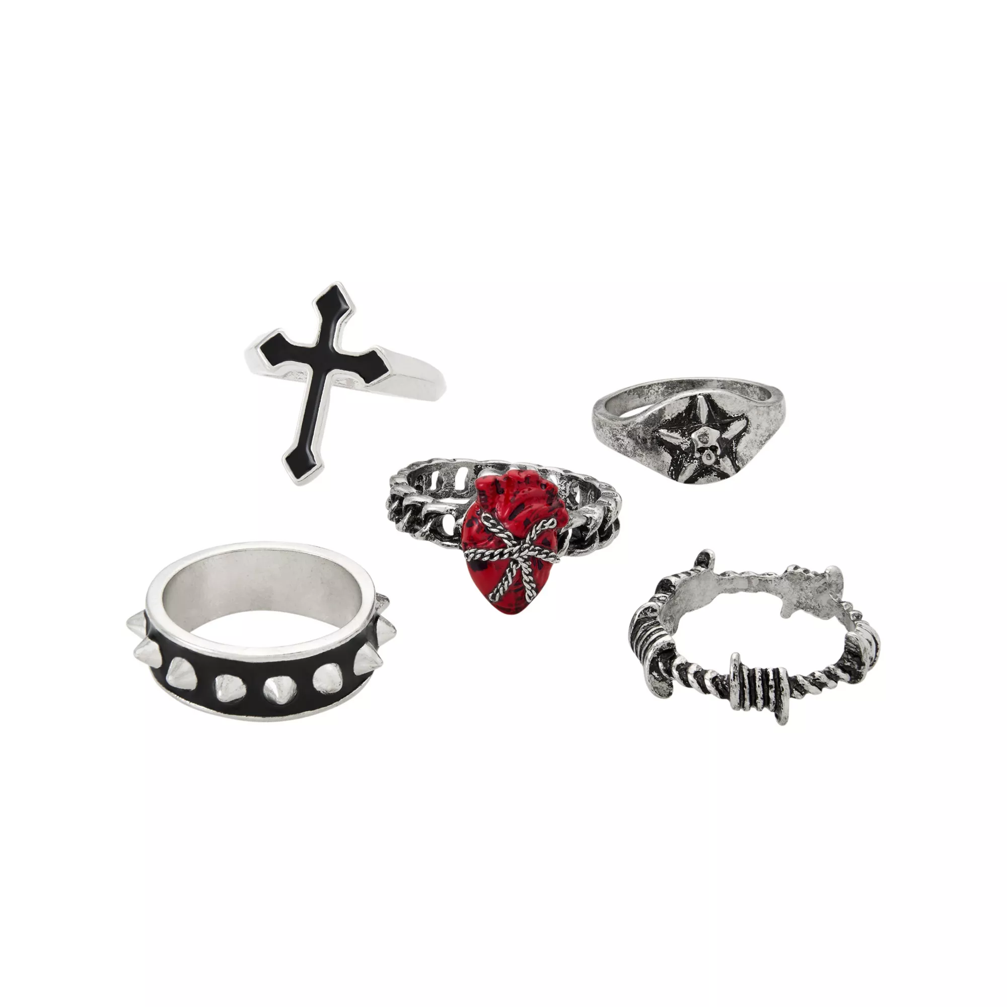 Multi-Pack Dark Romance Heart, Cross and Spikes Ring Set - 5 Pack