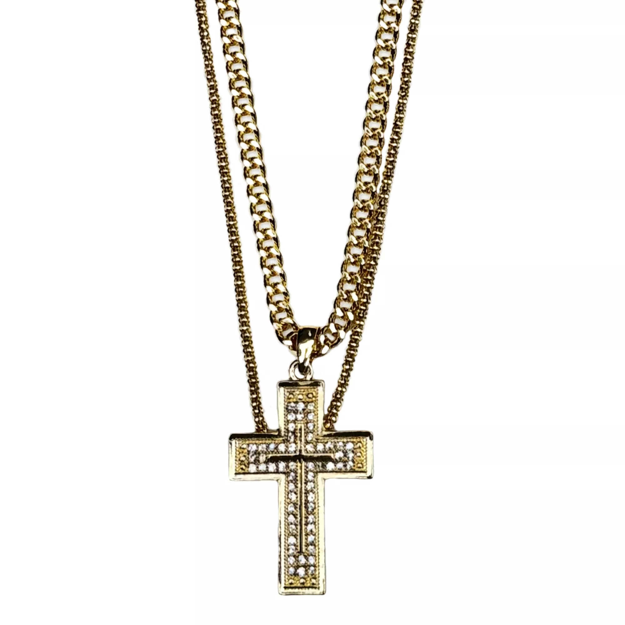 Gold-Tone Stone Cross Layered Chain Necklaces - 2 Pack