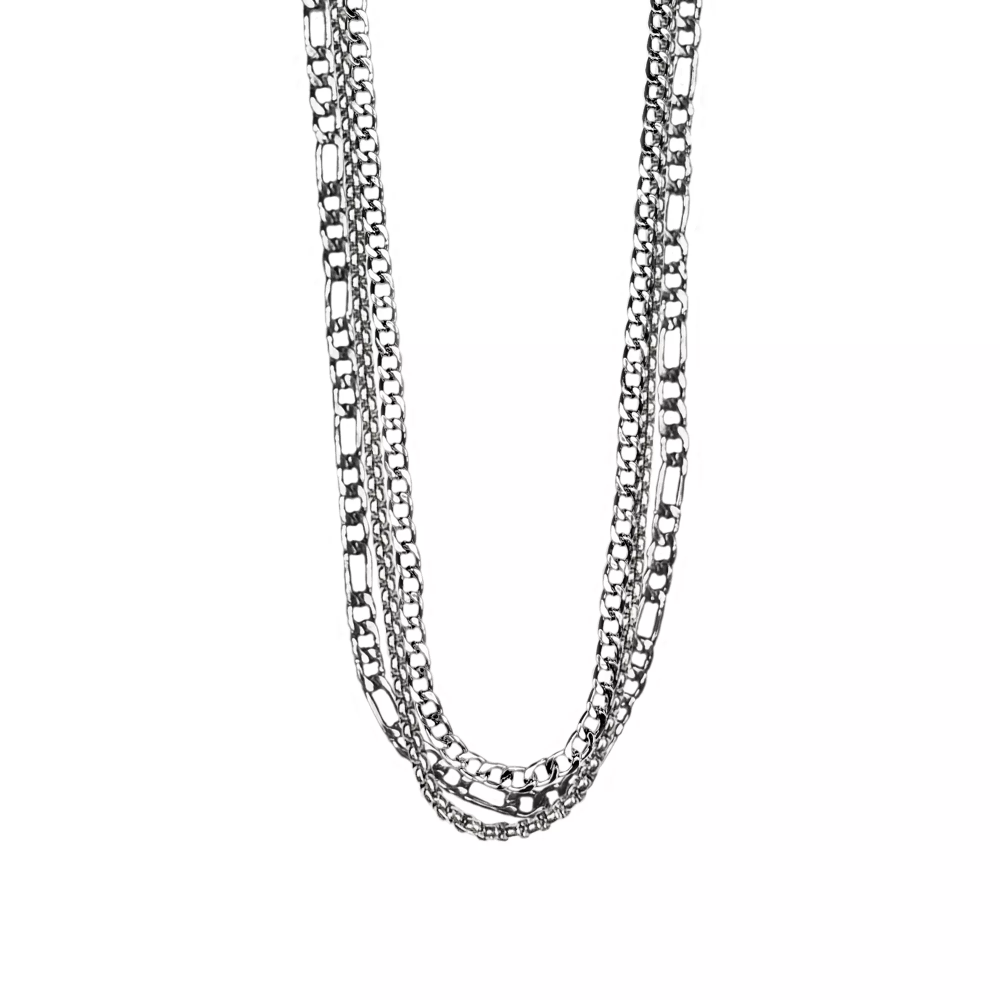 Multi-Pack Silver-Tone Flat Cut Curb, Figaro and Box Chain Necklaces - 3 Pack