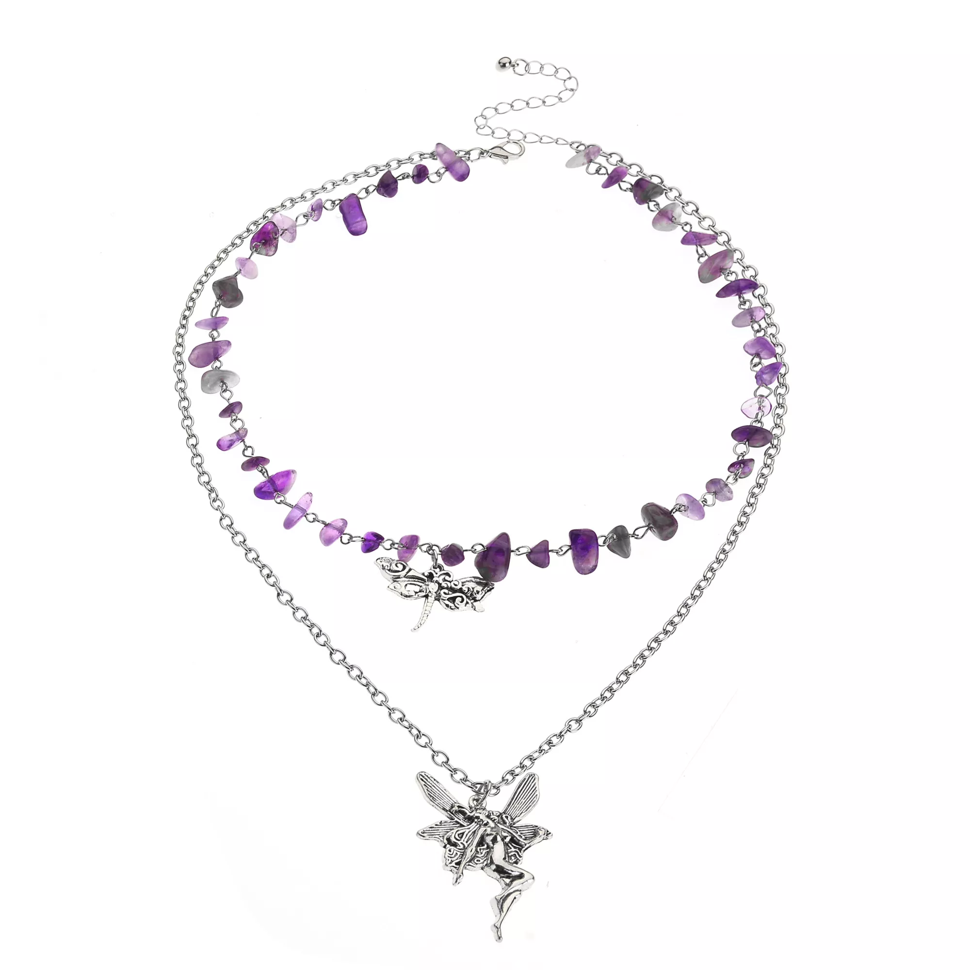 2 Row Silver-Plated Purple Crystal Fairy Moth Necklace